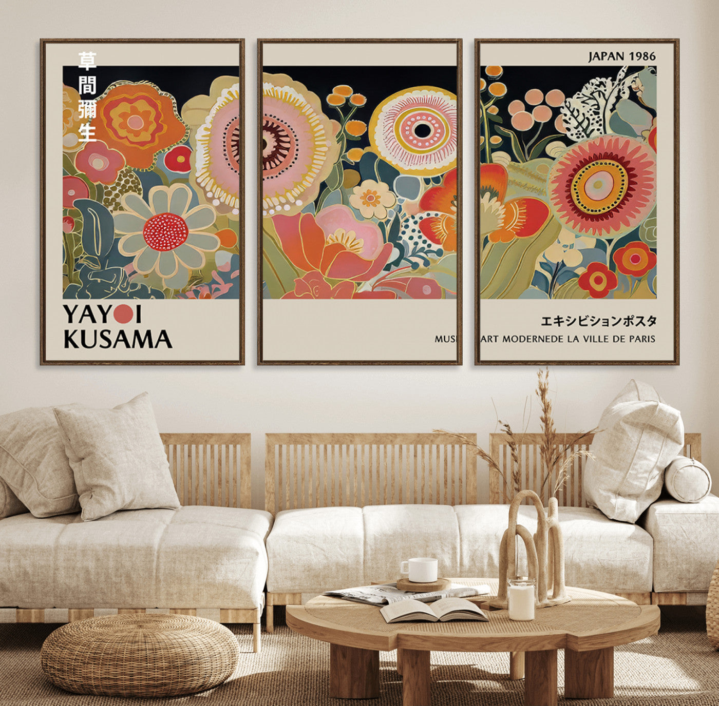 78899-MGV-FC-60X30-3P_Walnut-Yayoi Kusama Landscape Wall Art – Vibrant Floral Mountain Canvas Print, Botanical Nature Decor, Sunset Artwork for Home, Office