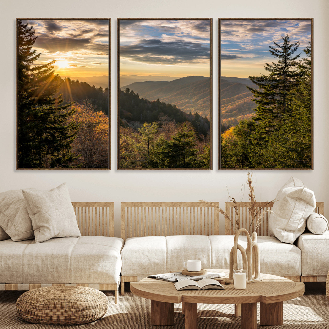 73692479-MGV-FC-60X30-3P_Walnut-Sunrise Over the Smoky Mountains Canvas Wall Art – Breathtaking Scenic Landscape Photography in a