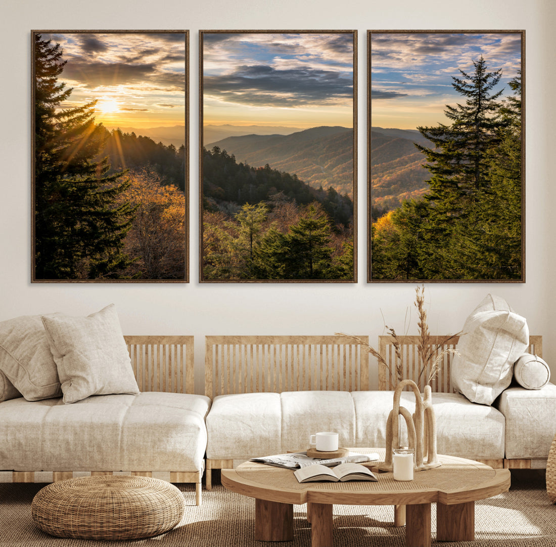 Sunrise Over the Smoky Mountains Canvas Wall Art | Scenic Landscape Photography Triptych