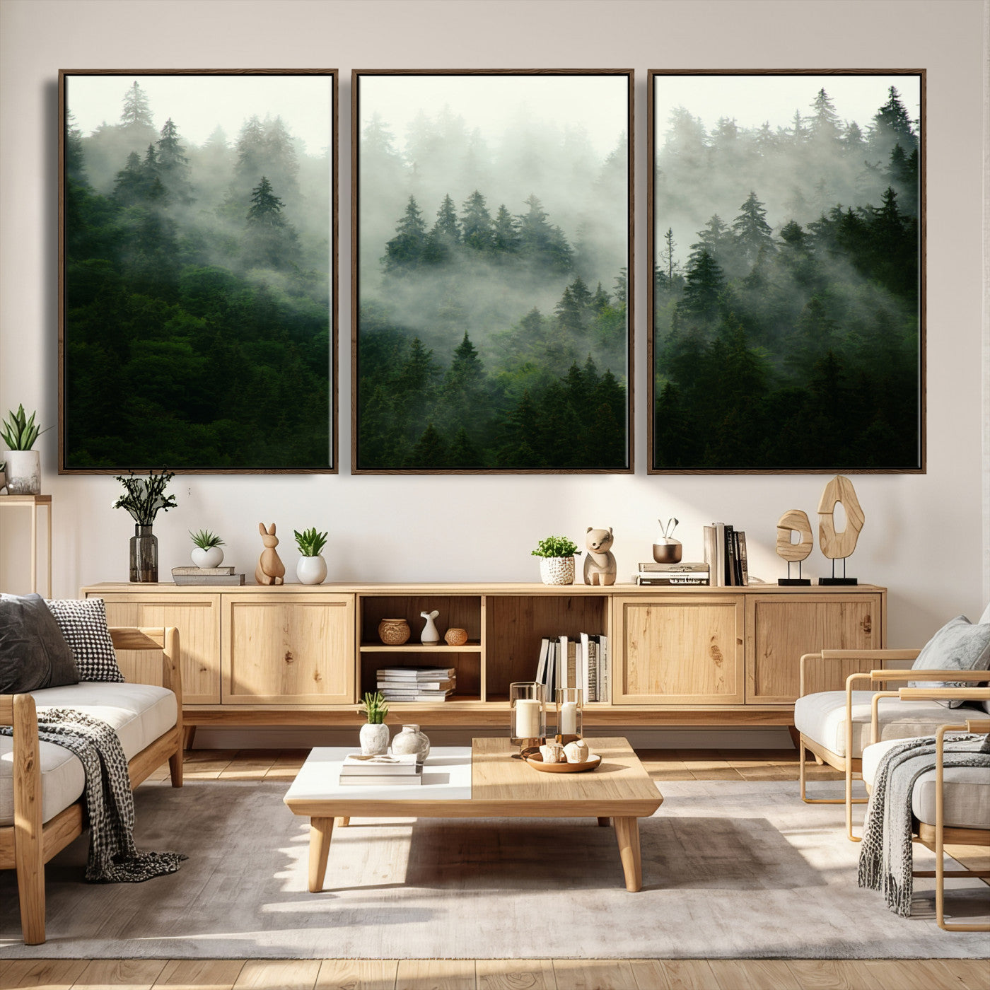 167720496-MGV-CV-36X24 - Misty Forest Mountain Wall Art Canvas | Large 3-Panel Foggy Landscape Canvas Print | Nature Misty