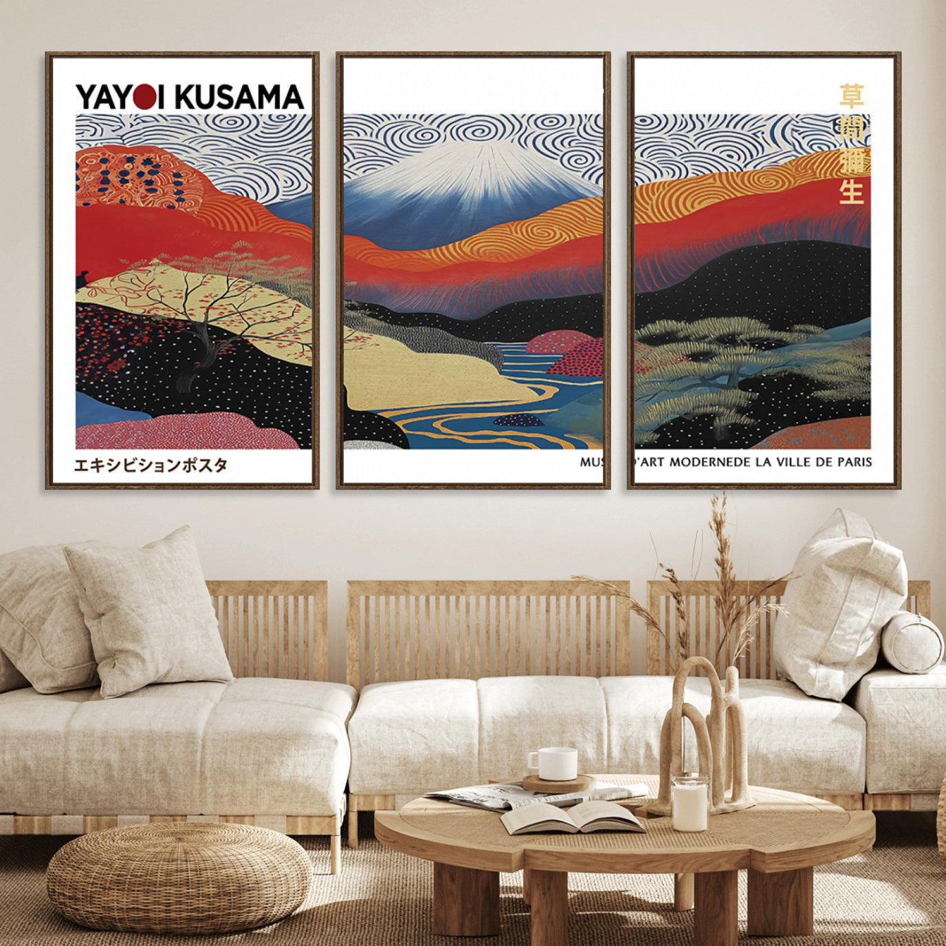 14839-MGV-FC-60X30-3P_Walnut-Framed Yayoi Kusama 1986 Wall Art Print – Japanese Wall Art Print, Wabi Sabi Yayoi Kusama Print -