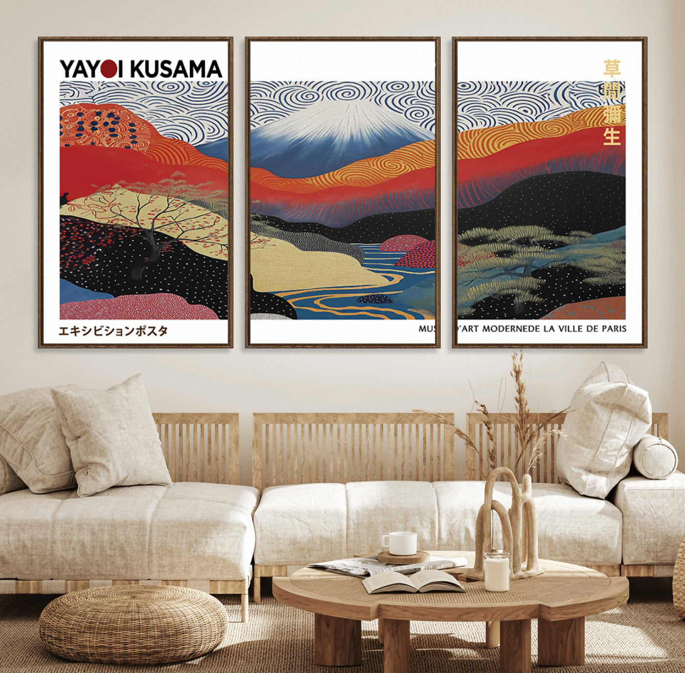 14839-MGV-FC-60X30-3P_Walnut-Framed Yayoi Kusama 1986 Wall Art Print – Japanese Wall Art Print, Wabi Sabi Yayoi Kusama Print -