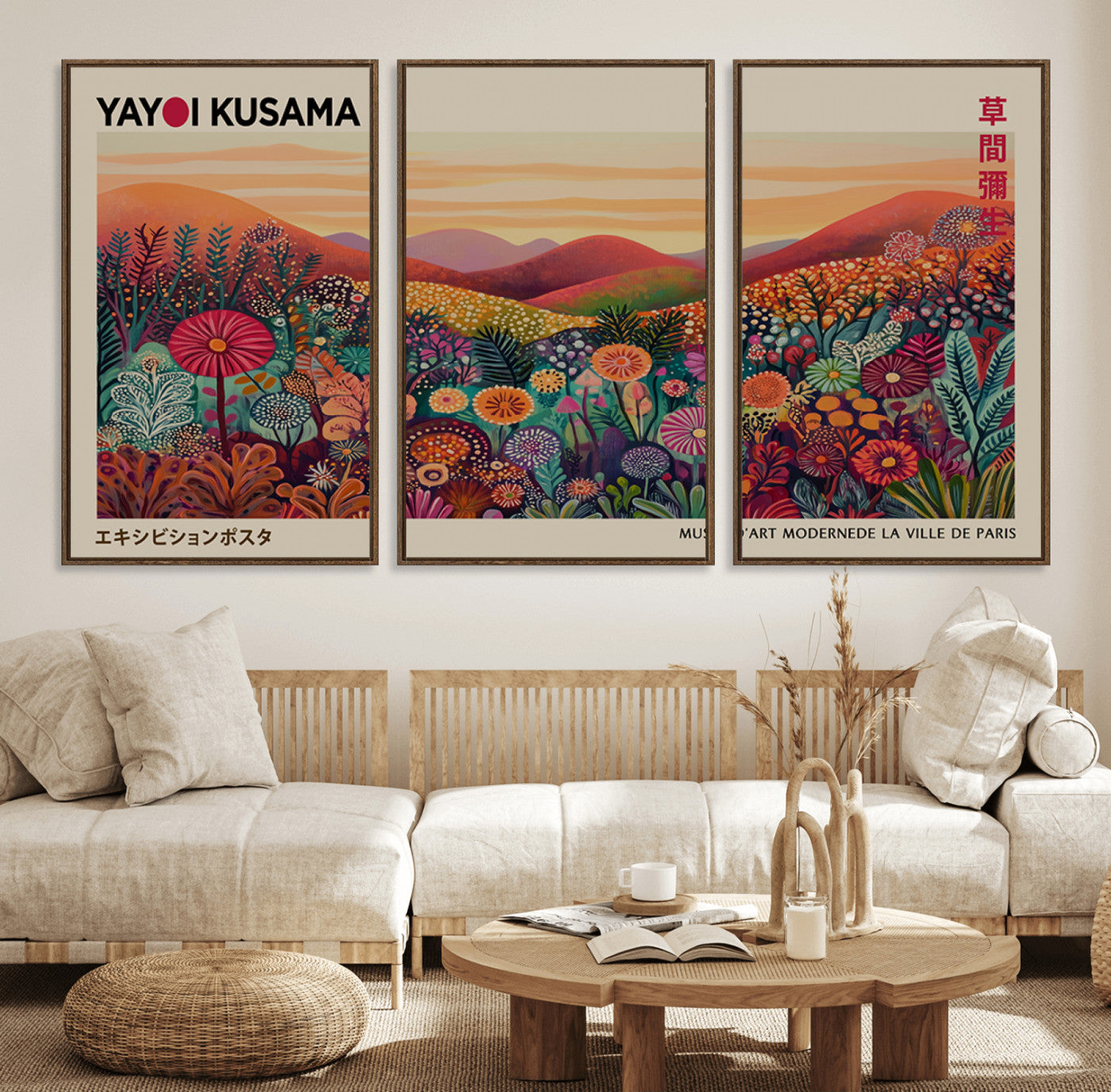 66096-MGV-FC-60X30-3P_Walnut-Framed Yayoi Kusama 1986 Wall Art Print – Japanese Wall Art Print, Wabi Sabi Yayoi Kusama Print -