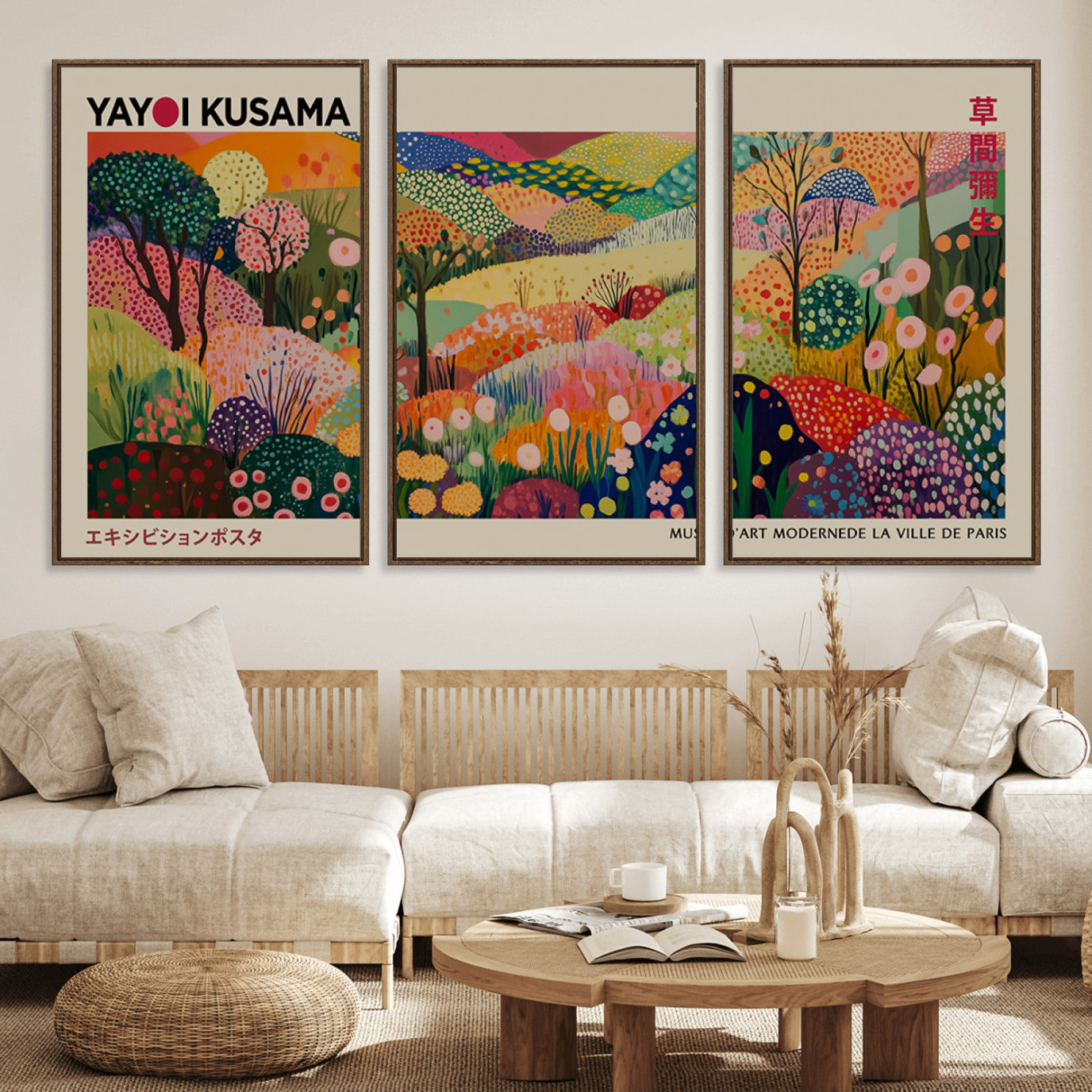98921-MGV-FC-60X30-3P_Walnut-Framed Yayoi Kusama 1986 Wall Art Print – Japanese Wall Art Print, Wabi Sabi Yayoi Kusama Print -