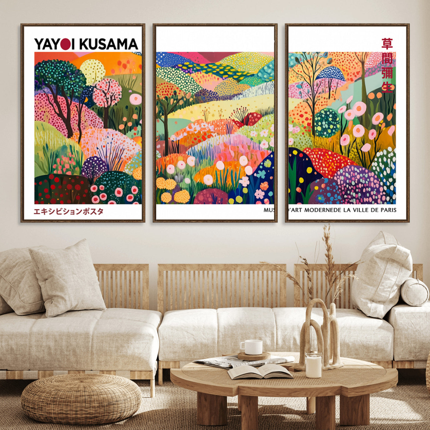 41516-MGV-FC-60X30-3P_Walnut-Framed Yayoi Kusama 1986 Wall Art Print – Japanese Wall Art Print, Wabi Sabi Yayoi Kusama Print -