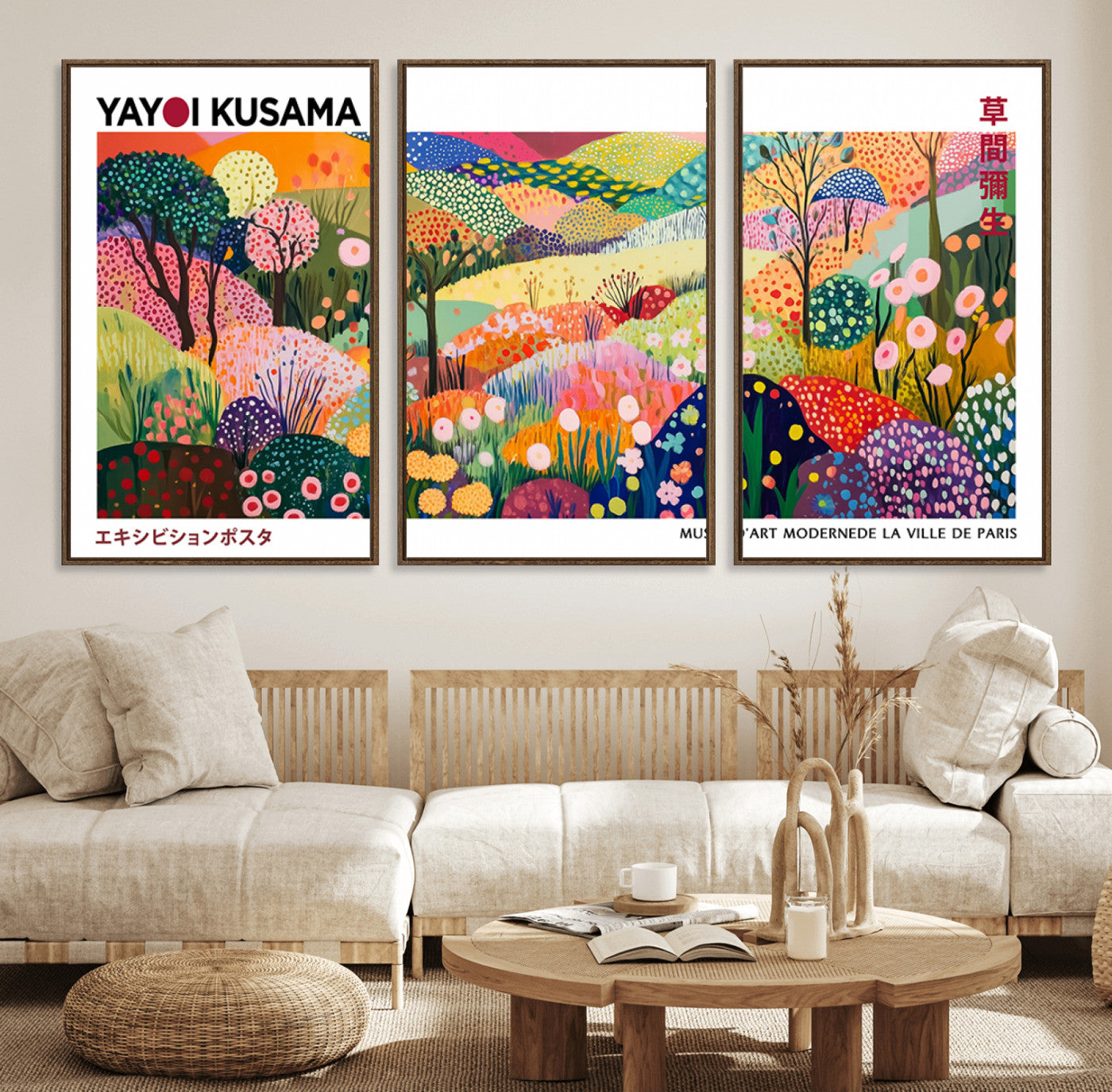 41516-MGV-FC-60X30-3P_Walnut-Framed Yayoi Kusama 1986 Wall Art Print – Japanese Wall Art Print, Wabi Sabi Yayoi Kusama Print -
