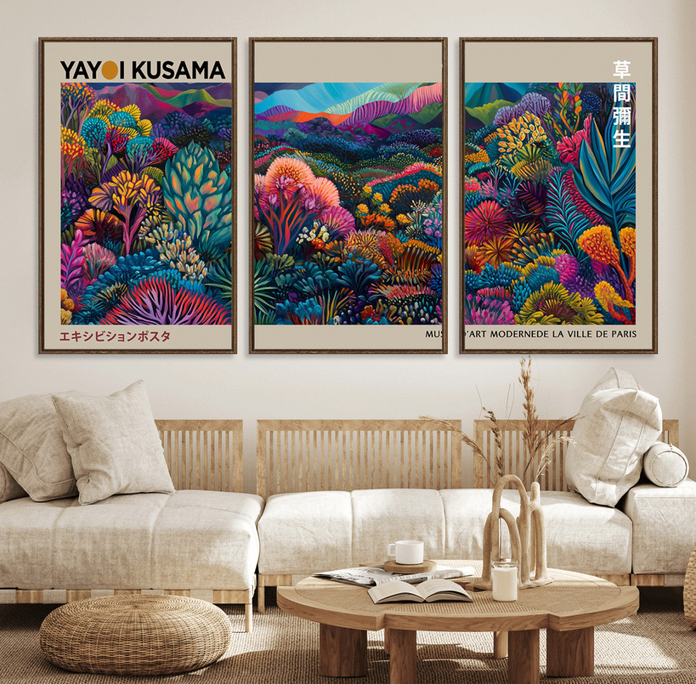 59772-MGV-FC-60X30-3P_Walnut-Framed Japanese 1986 Wall Art Print, Yayoi Kusama 1986 Wall Art Print – Japanese Wall Art Print,
