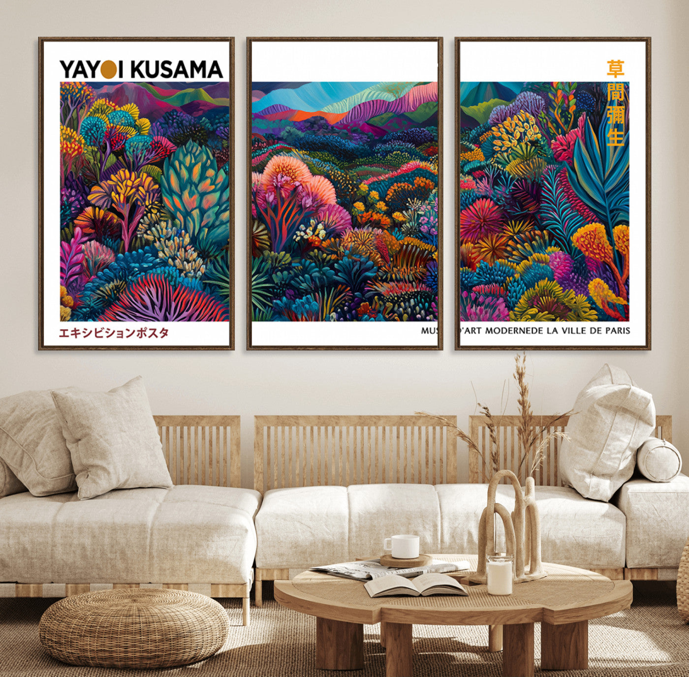 51355-MGV-FC-60X30-3P_Walnut-Framed Yayoi Kusama 1986 Wall Art Print – Japanese Wall Art Print, Wabi Sabi Yayoi Kusama Print -