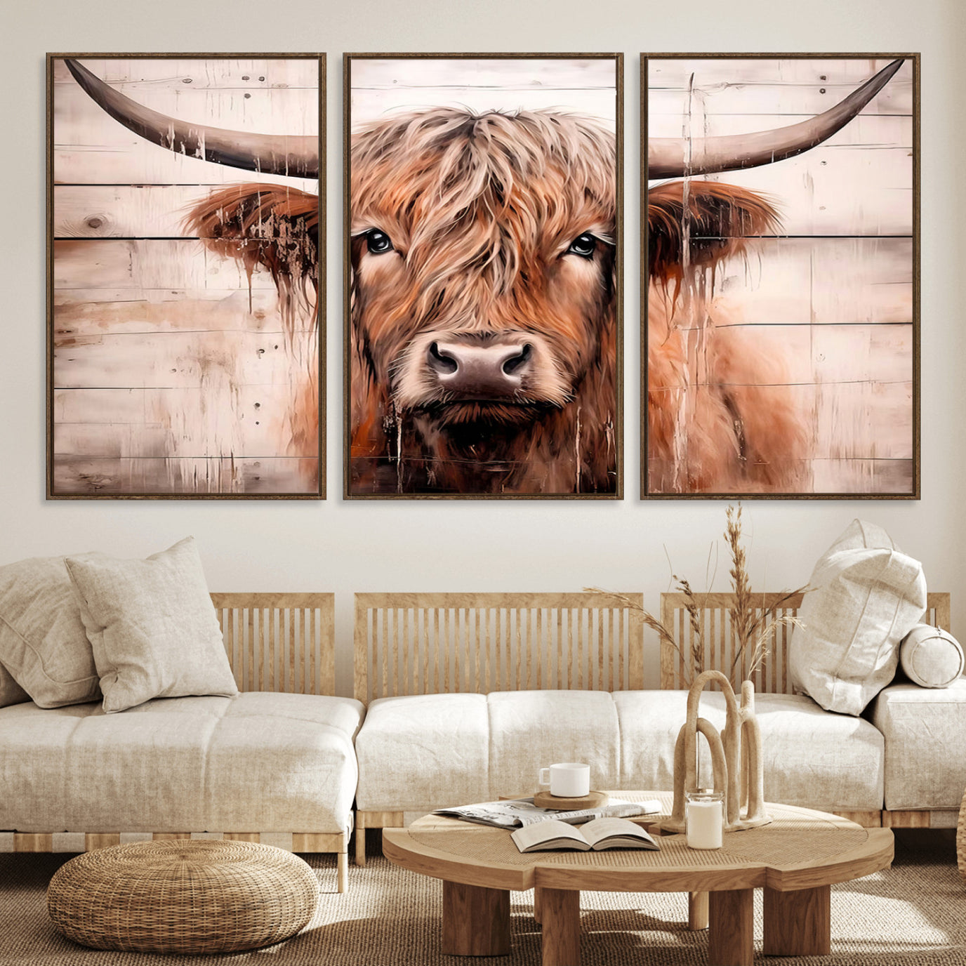 93730-MGV-FC-60X30-3P_Walnut-Vintage Scottish Highland Cow Cattle Art Print Farmhouse Wall Art Canvas Print