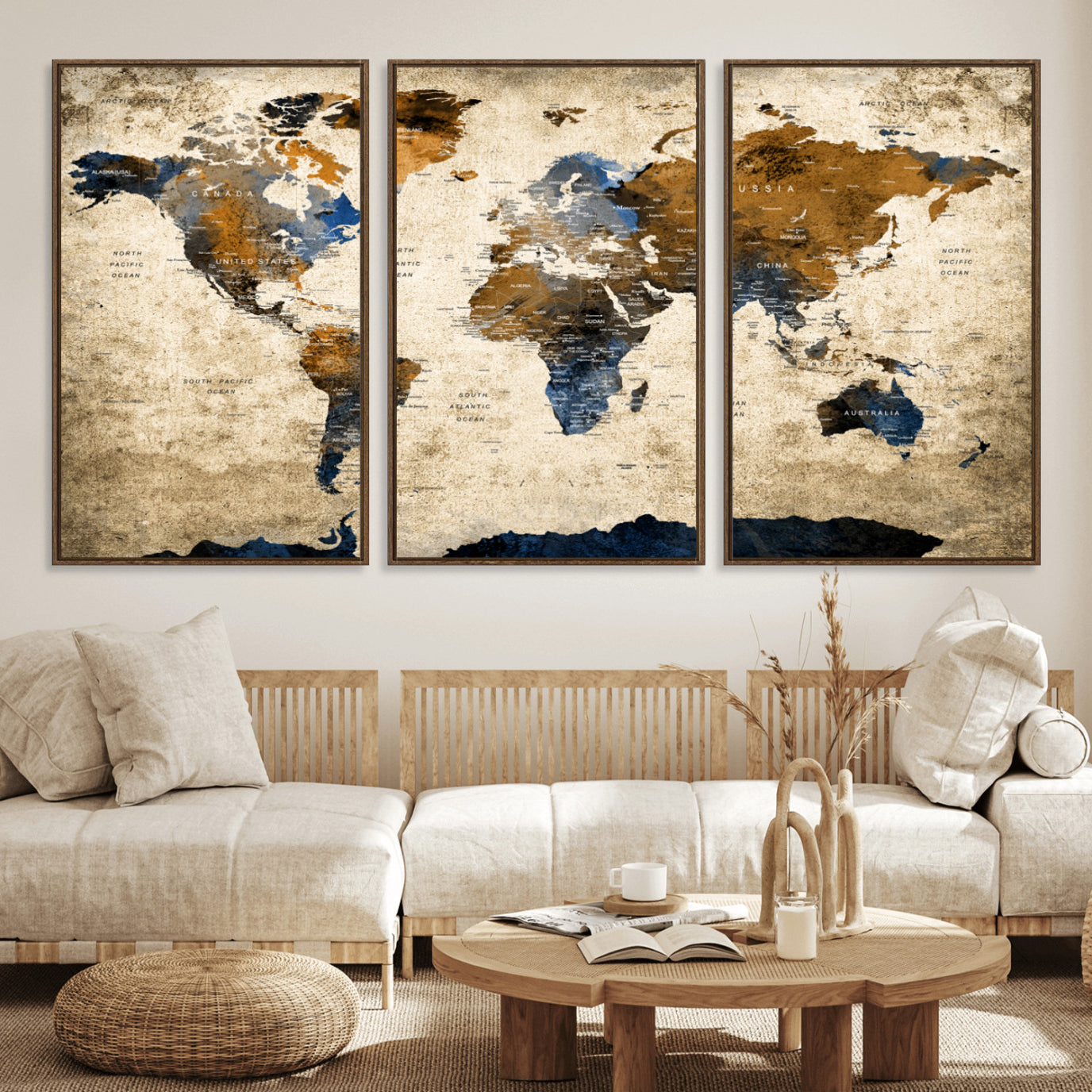 51140-MGV-FC-60X30-3P_Walnut-World Map Wall Art – Antique Style Blue and Brown Map Canvas Print, Classic Travel Wall Decor for Home Office or Study Room