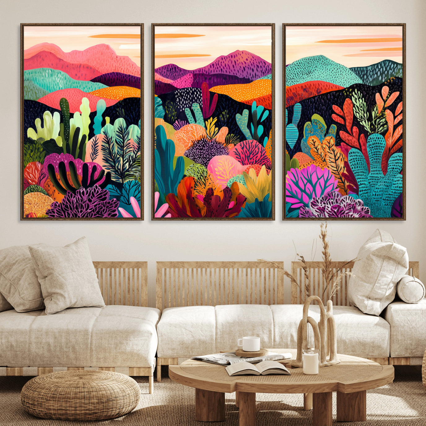 68438-MGV-FC-60X30-3P_Walnut-Abstract Kusama Print - Landscape Canvas Wall Art Print - Vibrant Modern Decor for Living Room,