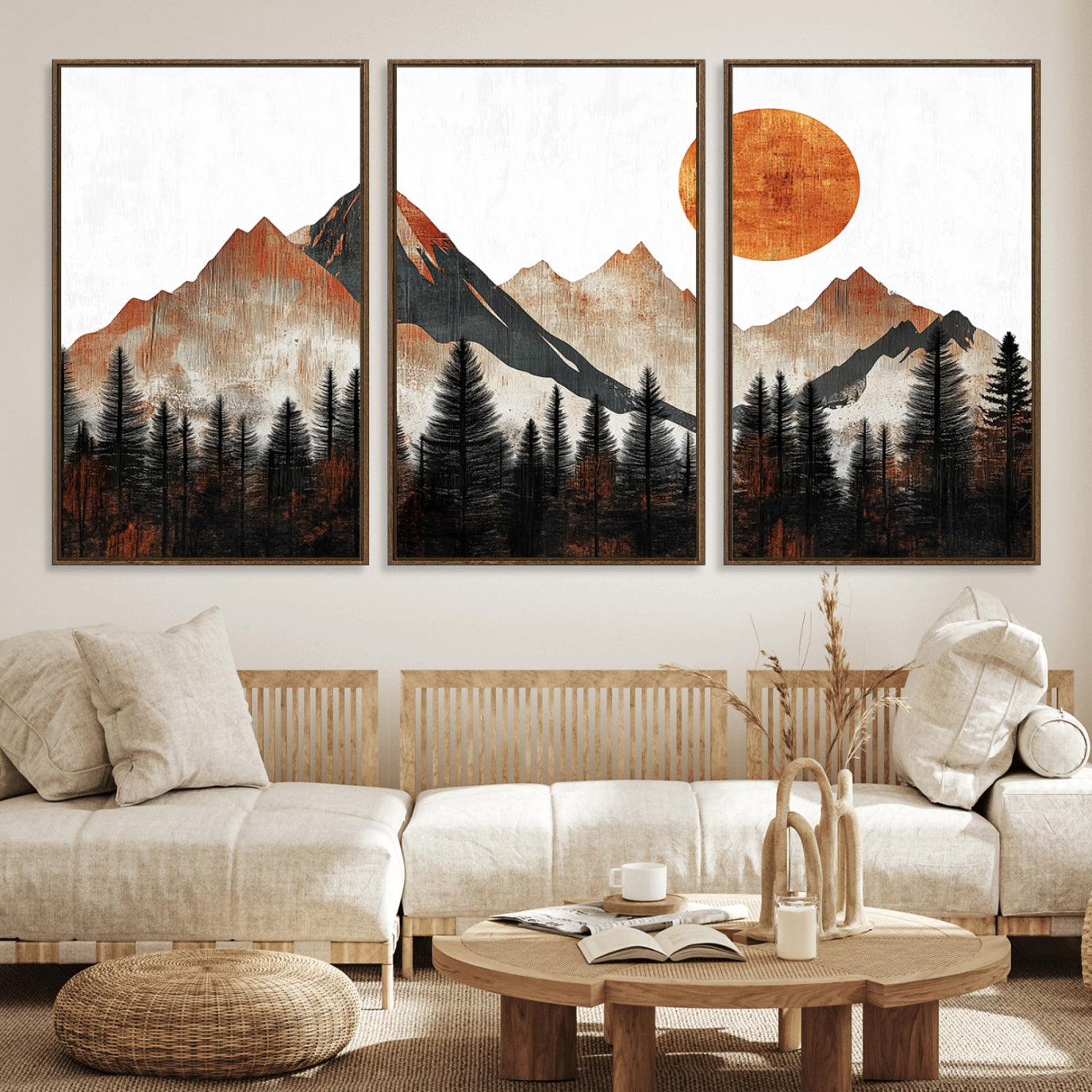 71366-MGV-FC-60X30-3P_Walnut-Modern Abstract Mountain Canvas Wall Art Print, Abstract Landscape Print, Rustic Sun and Mountains
