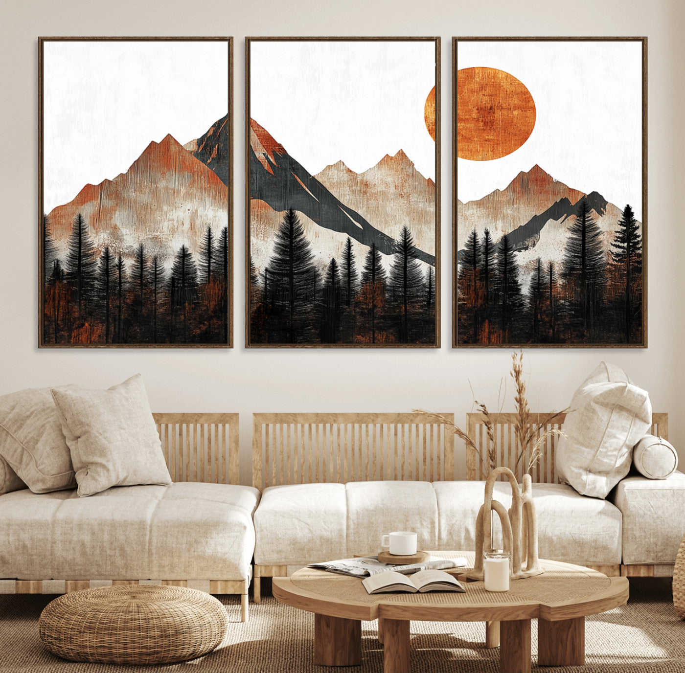 71366-MGV-FC-60X30-3P_Walnut-Modern Abstract Mountain Canvas Wall Art Print, Abstract Landscape Print, Rustic Sun and Mountains