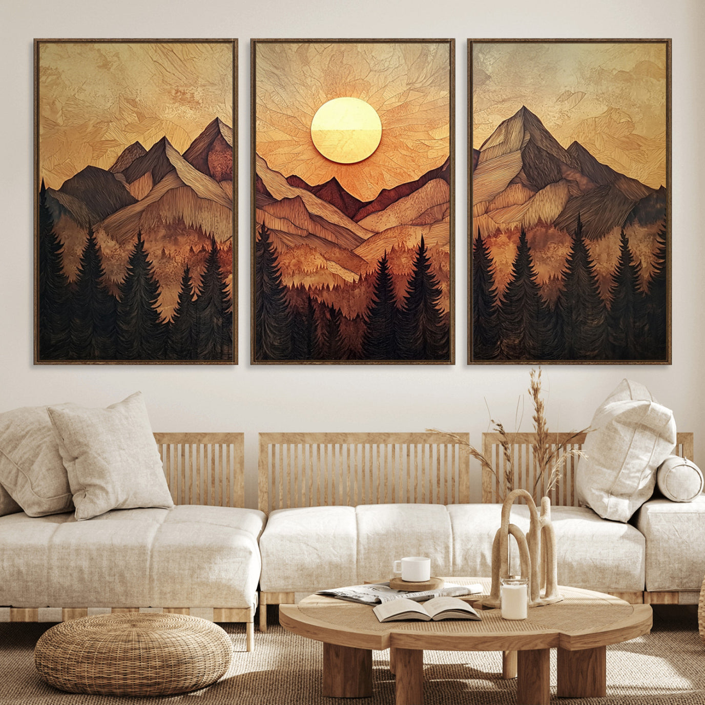 71340-MGV-FC-60X30-3P_Walnut-Wood Style Abstract Mountain Sunset Canvas Wall Art Print - Warm Earth Nature-Inspired Decor for