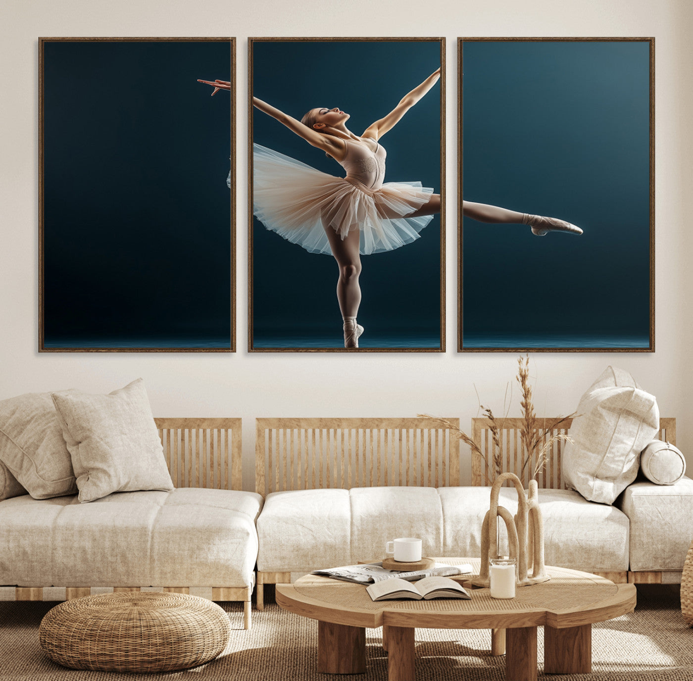 An elegant ballerina captured mid-pose on pointe, radiating grace and strength in a perfectly lit studio setting, her tutu fanned out in delicate symmetry.