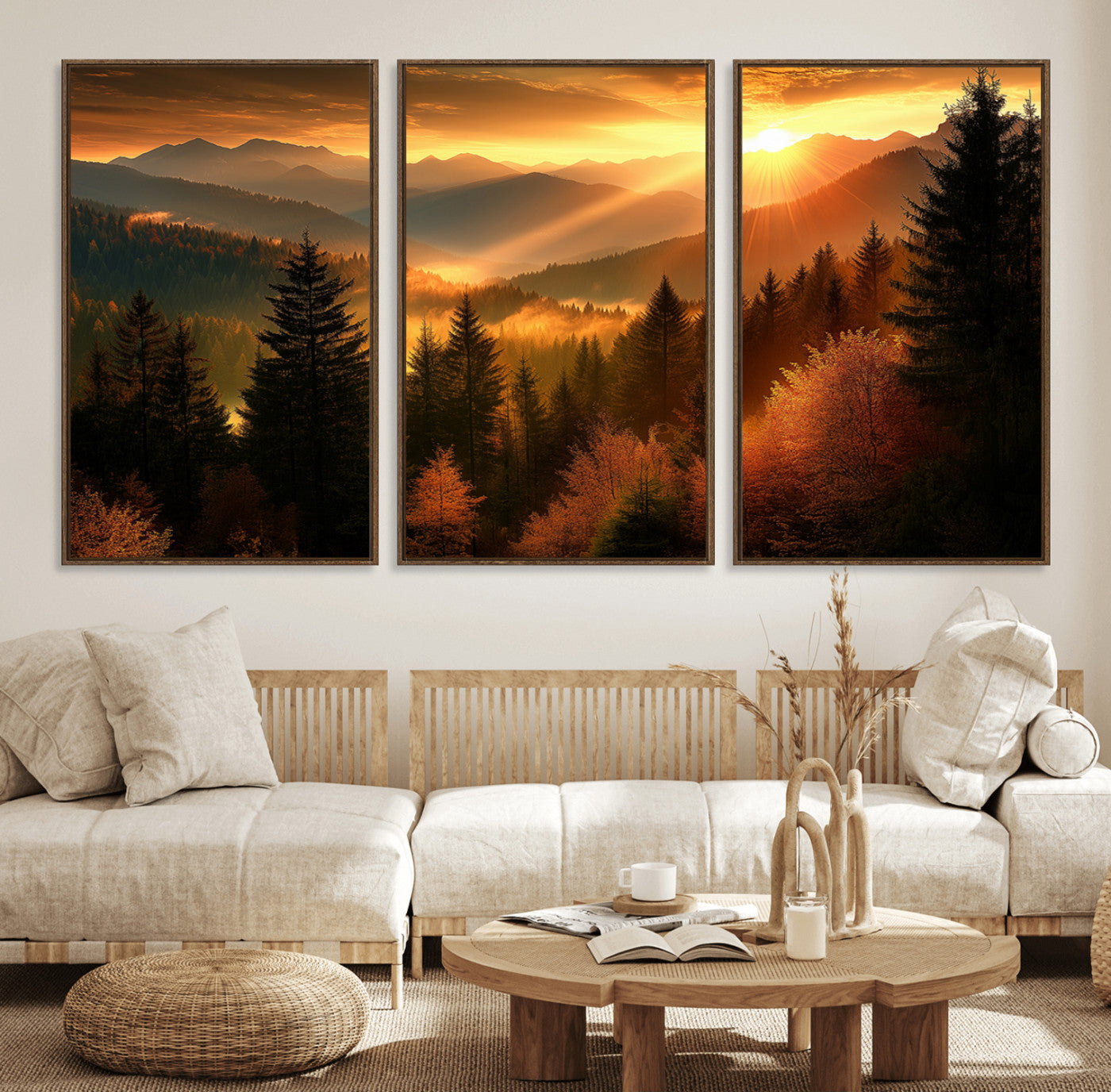 42606-MGV-FC-60X30-3P_Walnut-Golden Sunset Over Mountain Forest Canvas Wall Art Print - Warm Nature Landscape Print
