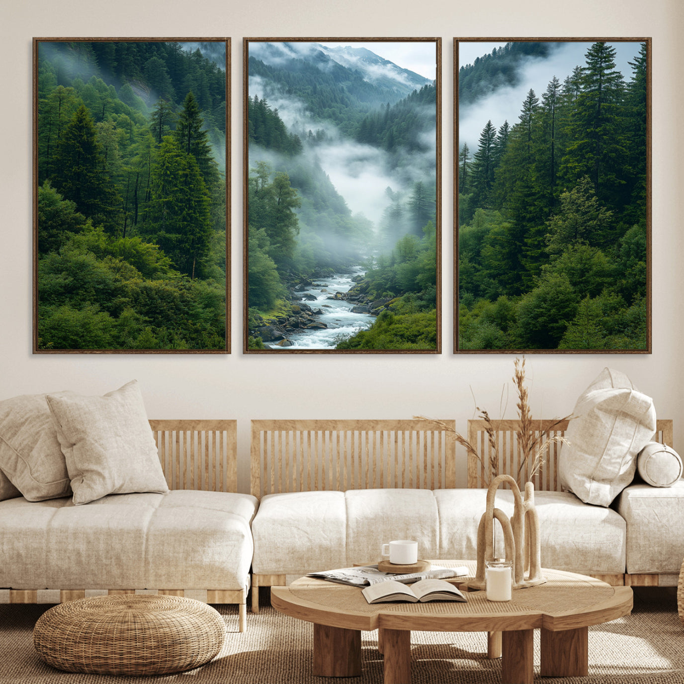 69453-MGV-FC-60X30-3P_Walnut-Mountain Forest River Canvas Wall Art Print - Serene Nature Landscape for Living Room, Office, or