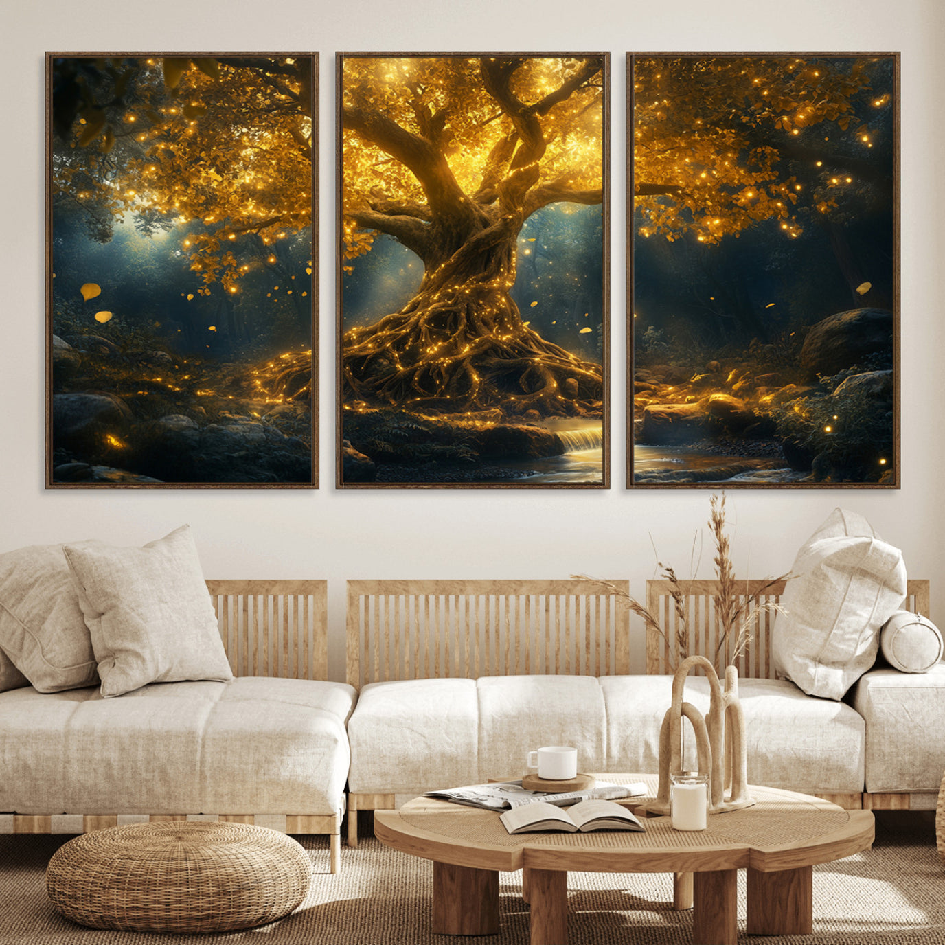 92739-MGV-FC-60X30-3P_Walnut-Golden Tree of Life Canvas Wall Art Print - Majestic Glowing Tree Wall Art Print