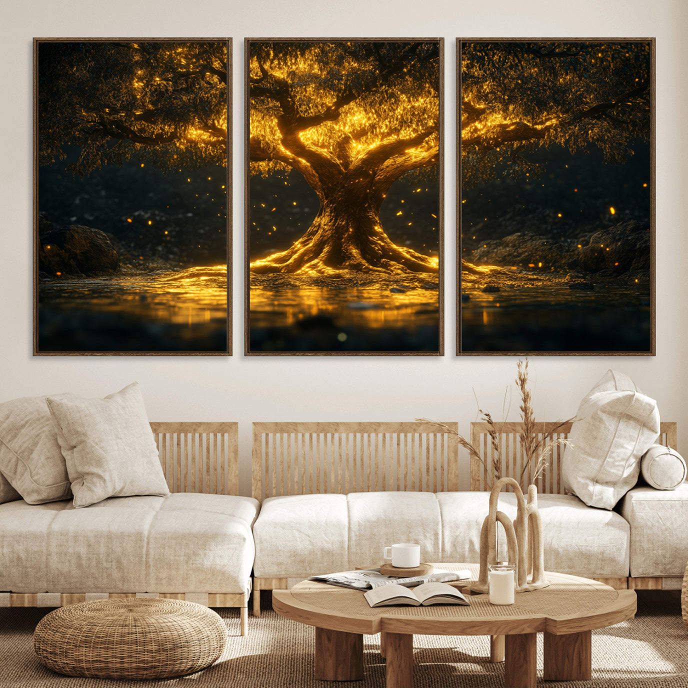 59580-MGV-FC-60X30-3P_Walnut-Golden Tree of Life Canvas Wall Art Print - Majestic Glowing Tree Wall Art Print