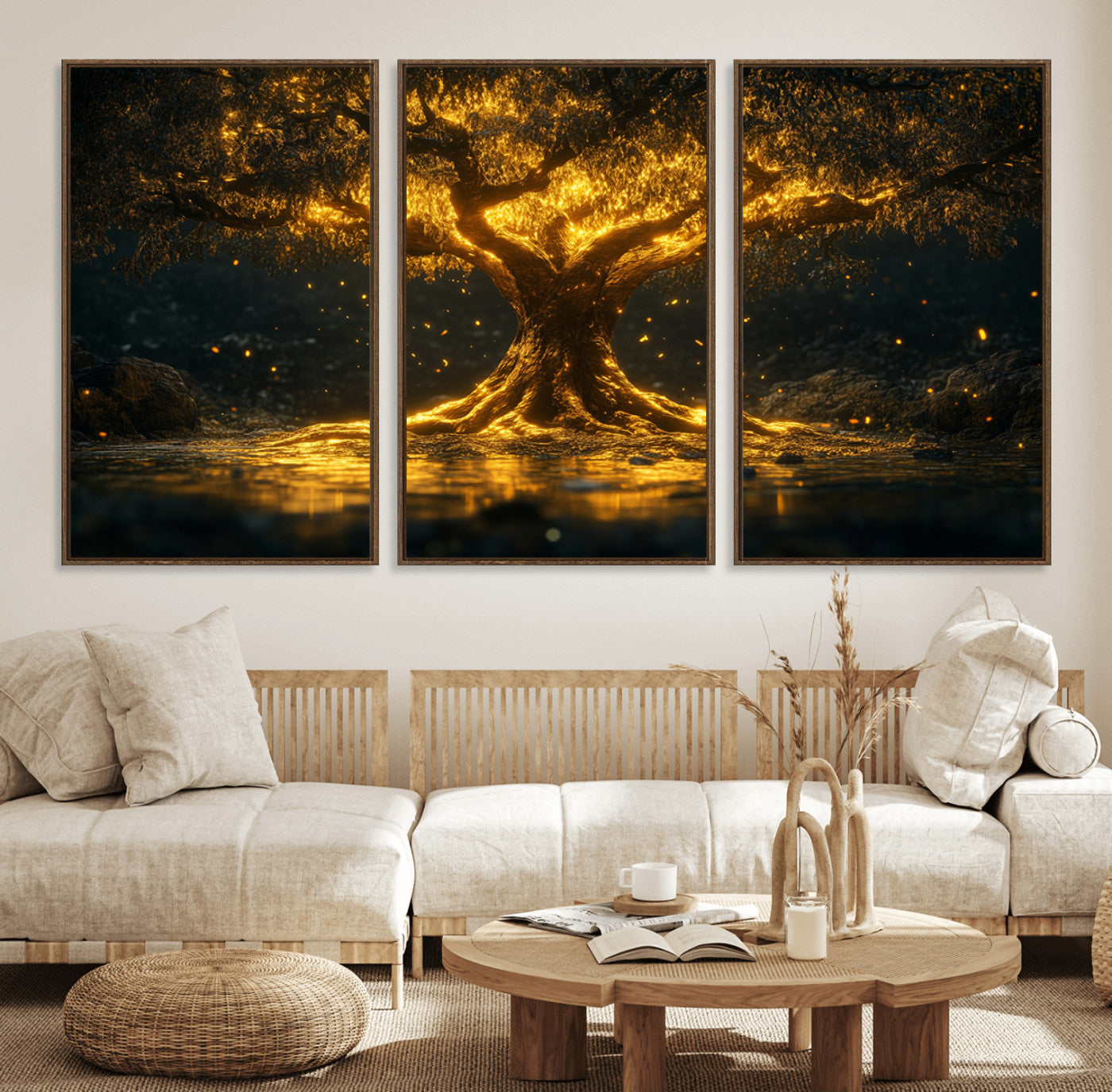 59580-MGV-FC-60X30-3P_Walnut-Golden Tree of Life Canvas Wall Art Print - Majestic Glowing Tree Wall Art Print