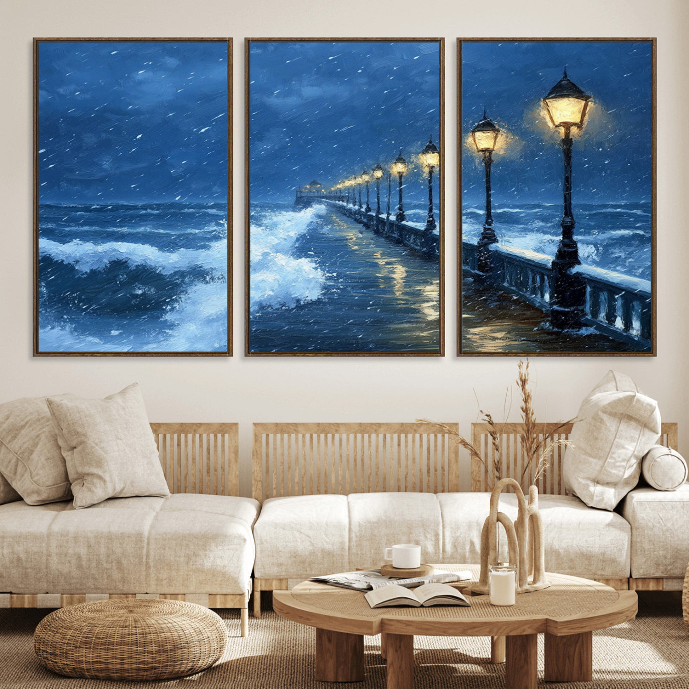32668-MGV-FC-60X30-3P_Walnut-Stormy Ocean Pier Lights Canvas Wall Art Print - Large Moody Night Scene for Living Room, or Office,