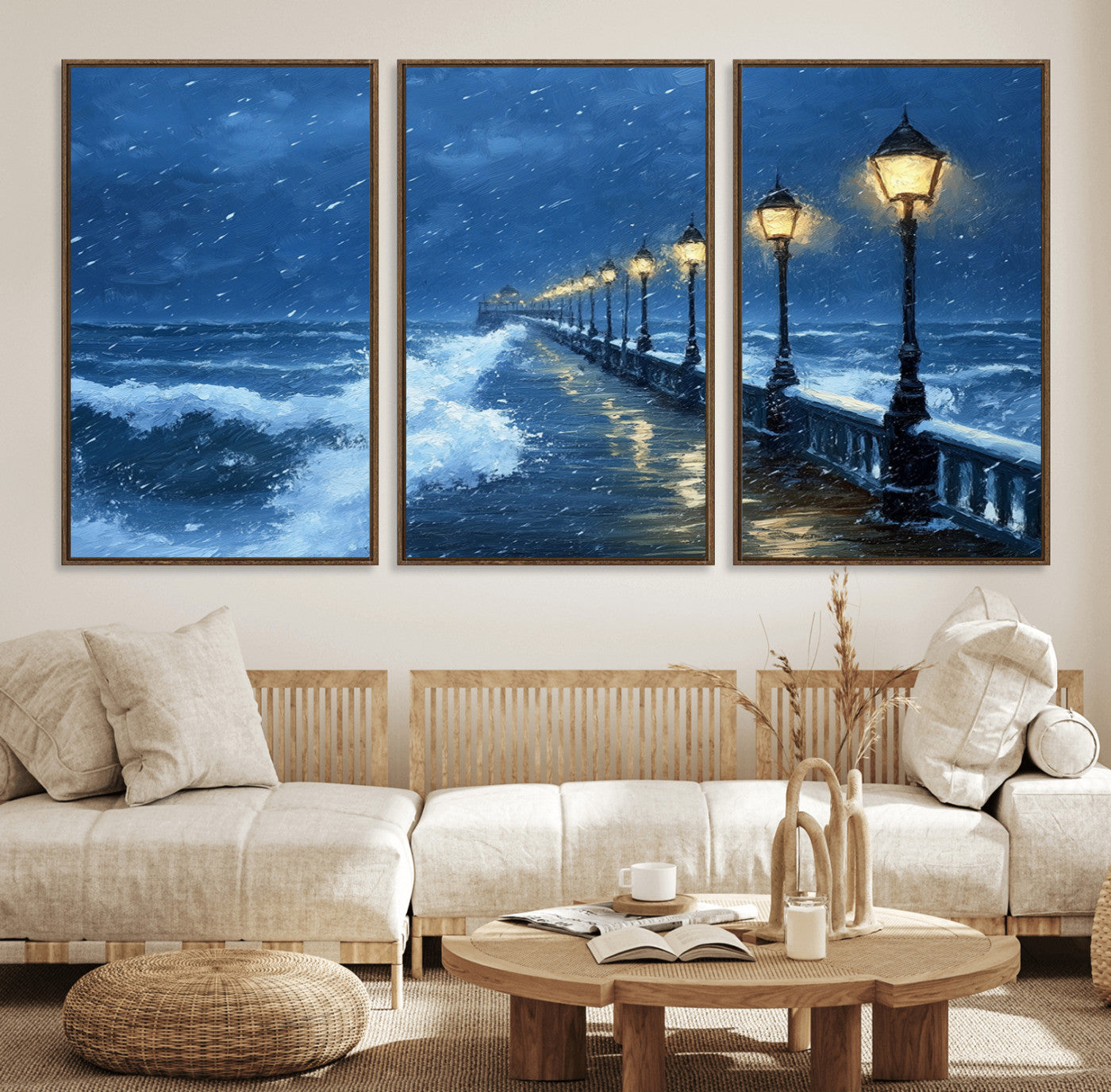 32668-MGV-FC-60X30-3P_Walnut-Stormy Ocean Pier Lights Canvas Wall Art Print - Large Moody Night Scene for Living Room, or Office,