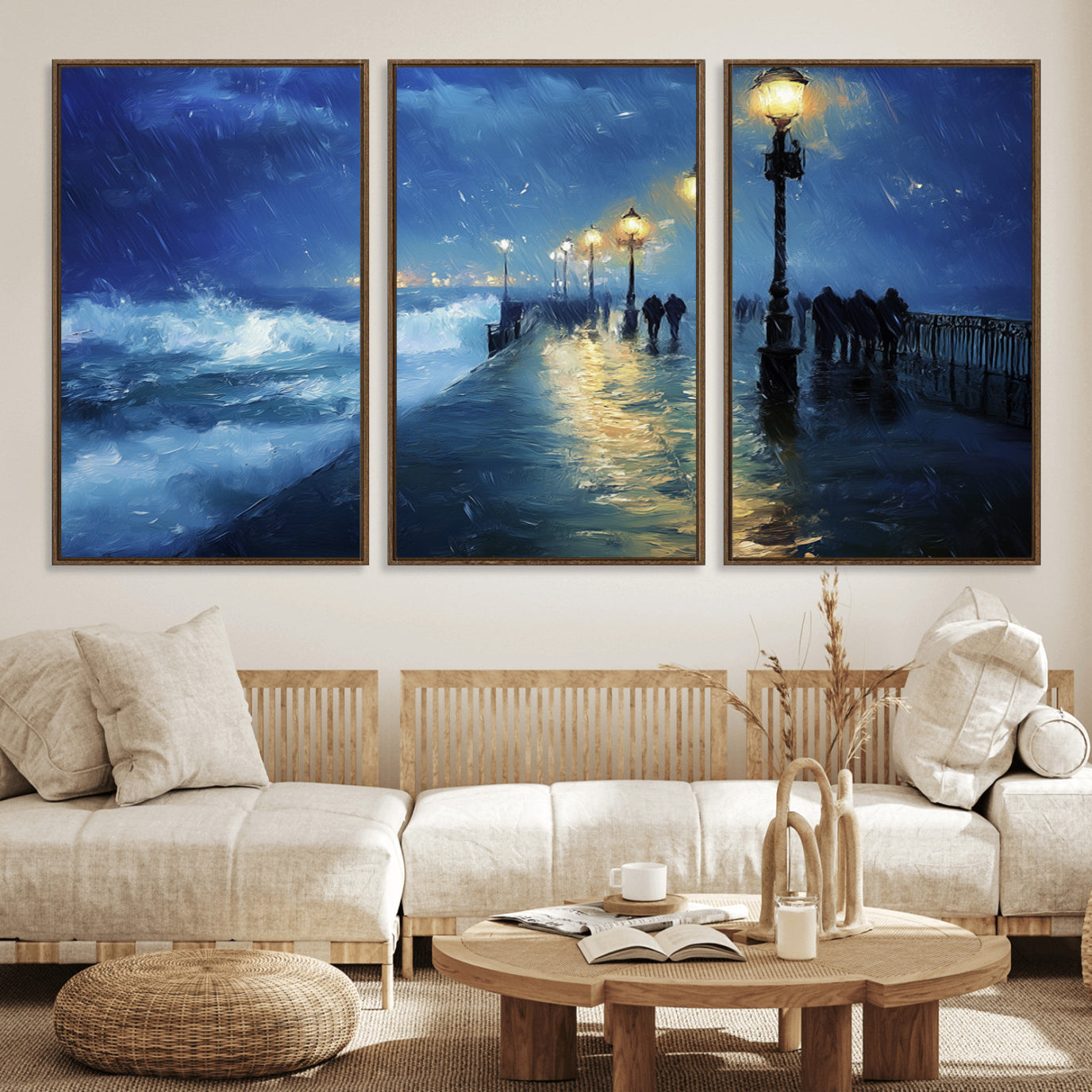 76572-MGV-FC-60X30-3P_Walnut-Abstract Stormy Ocean Pier Canvas Wall Art Print | Stormy Ocean Art | Large Moody Night Scene Print,