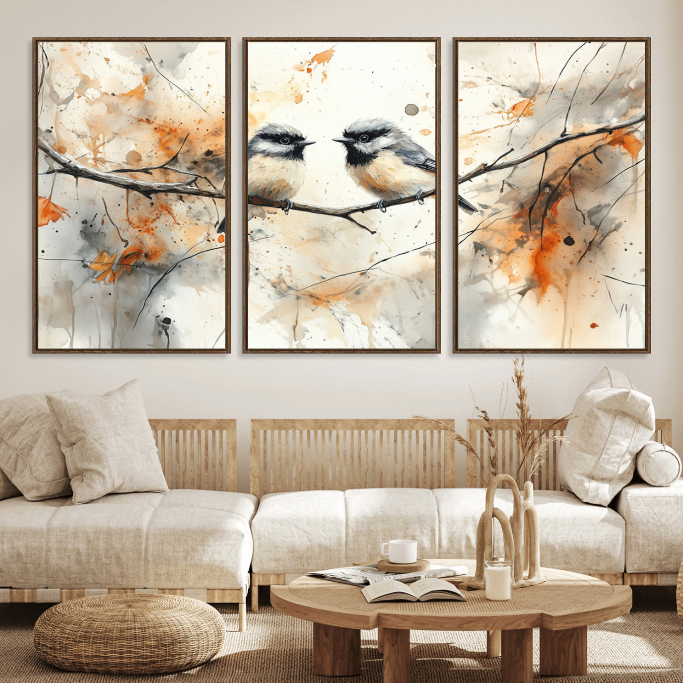 98244-MGV-CV-48X32-3P-Beautiful Birds Wall Art – Framed Watercolor Branch Canvas Artwork, Elegant Nature Design, Vibrant Decor for Home, Office