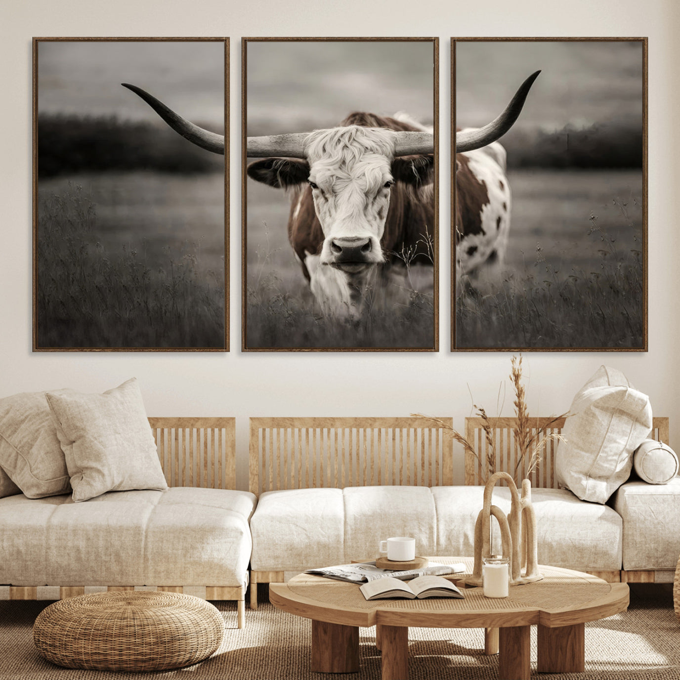 69238-MGV-FC-60X30-3P_Walnut-Texas Longhorn Cow Canvas Wall Art Print - Large Rustic Longhorn Art for Living Room, Western Wall