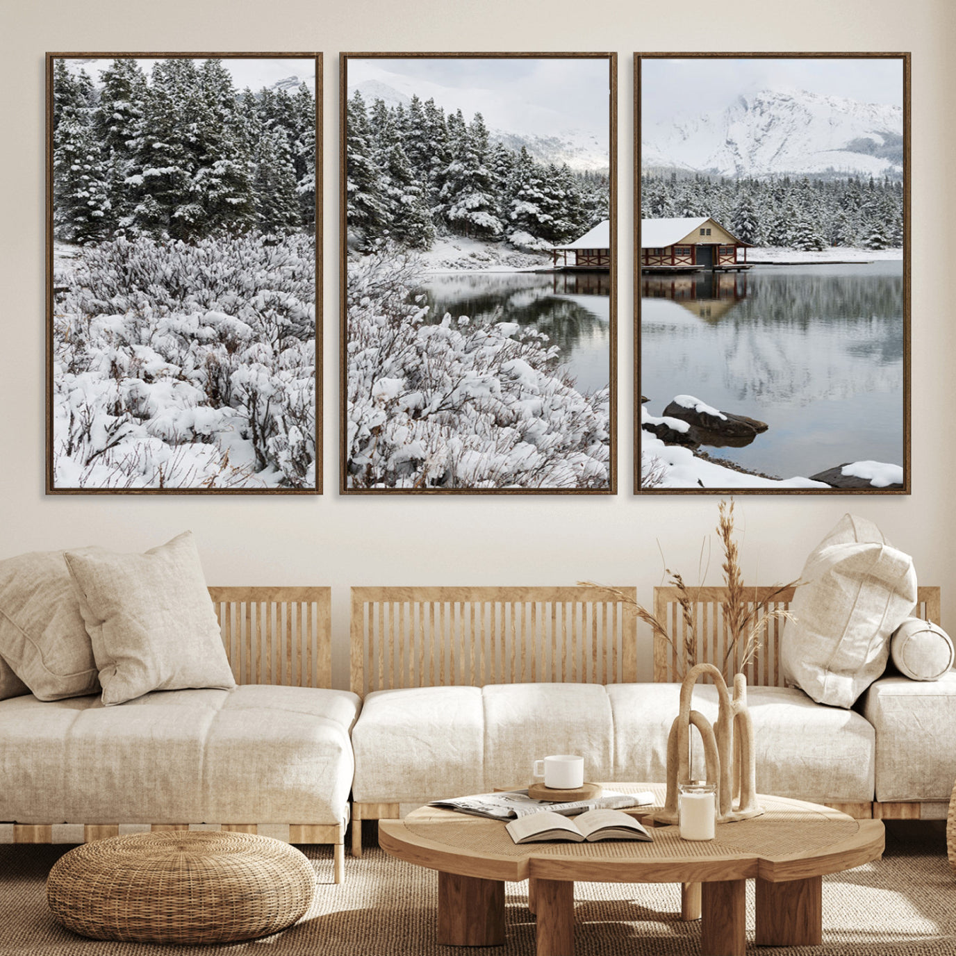 94285-MGV-FC-60X30-3P_Walnut-Winter Wall Art - Cabin by the Lake Canvas Wall Art - Serene Snowy Landscape with Mountain View,