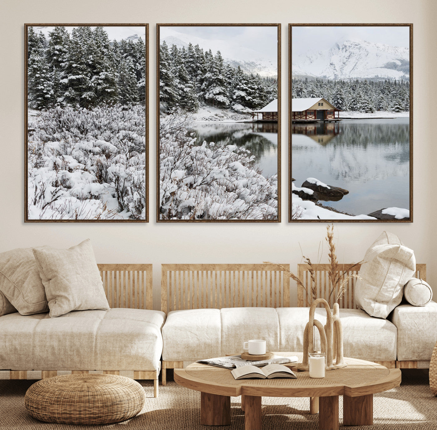 94285-MGV-FC-60X30-3P_Walnut-Winter Wall Art - Cabin by the Lake Canvas Wall Art - Serene Snowy Landscape with Mountain View,