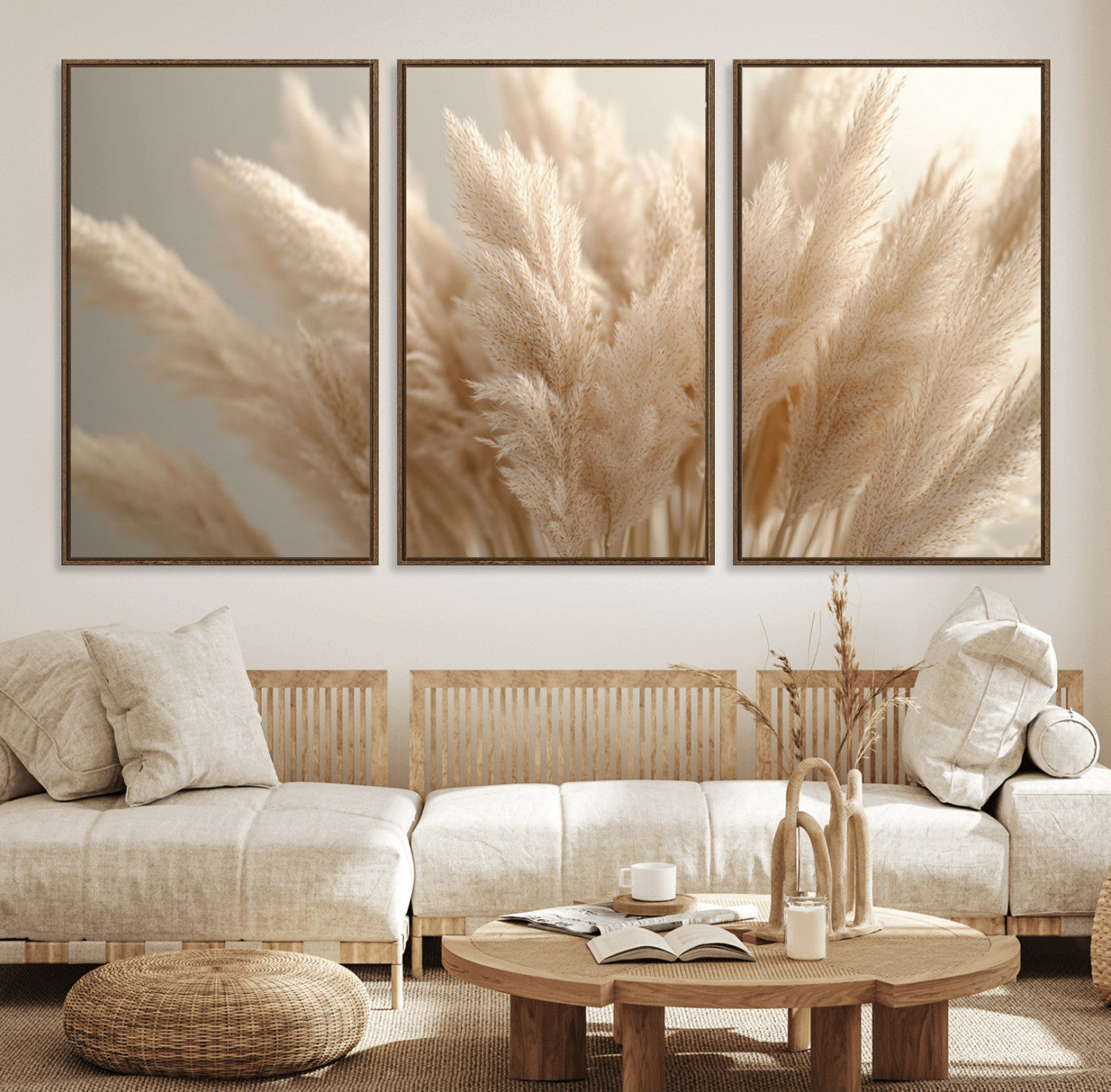 50300-MGV-FC-60X30-3P_Walnut-Pampas Grass Canvas Wall Art - Elegant Neutral Decor for Living Room, Boho Minimalist Artwork, Ready