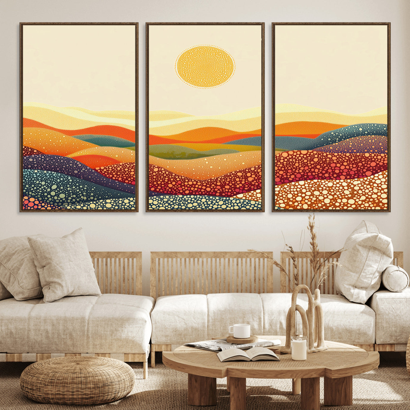 74226-MGV-FC-60X30-3P_Walnut-YAYOI KUSAMA Colorful Dot Art Landscape Canvas - Framed Abstract Pointillism Inspired by Nature with