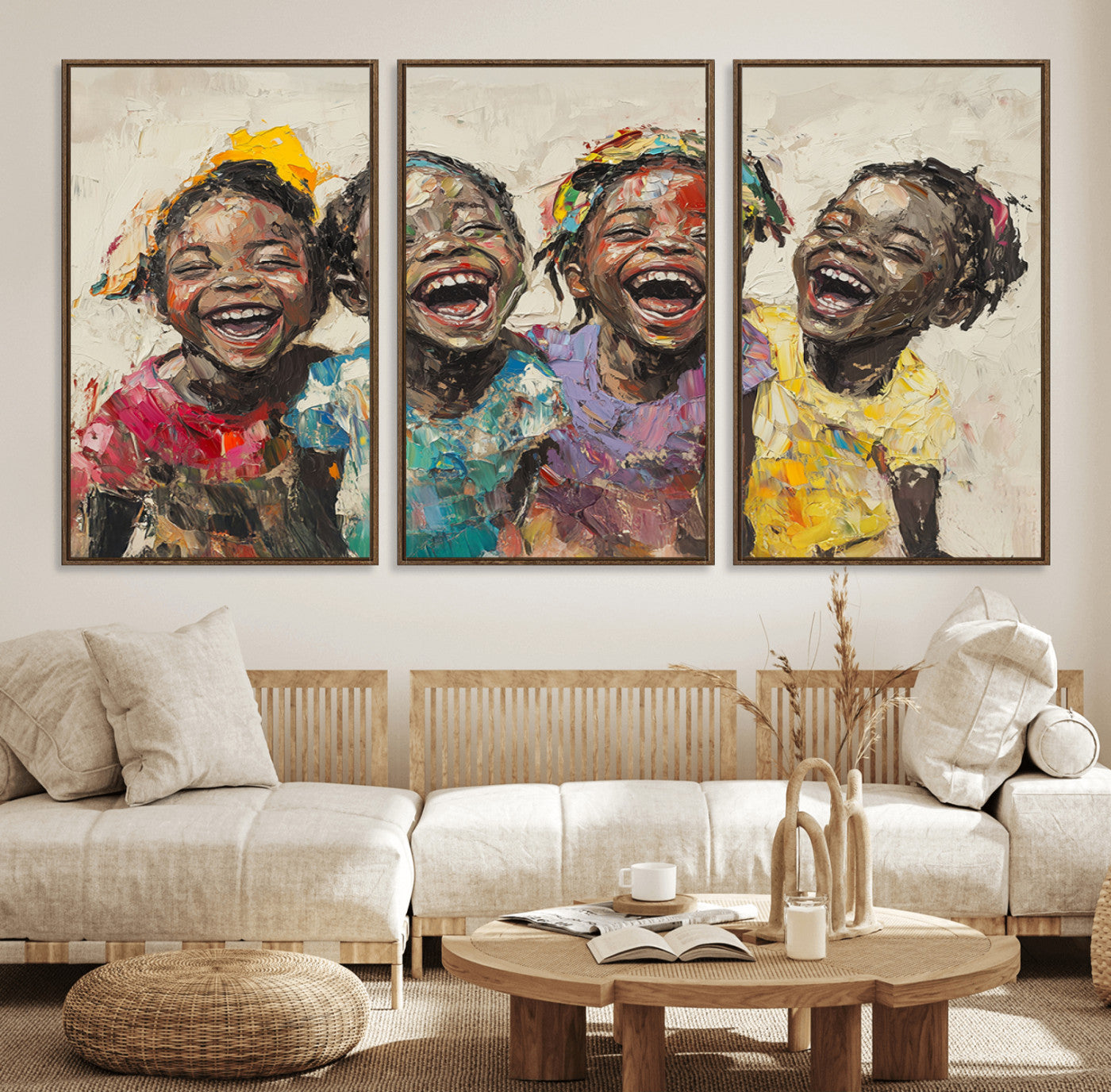 93034-MGV-FC-60X30-3P_Walnut-Shai Yossef style Joyful Childhood Canvas Wall Art - Expressive Impasto Painting of Black Children