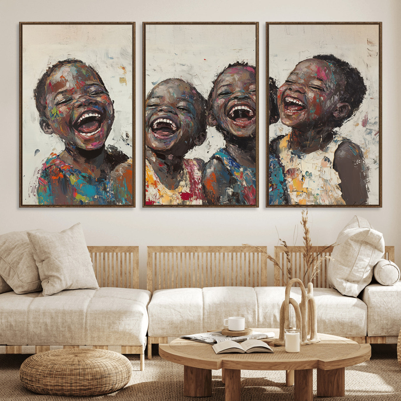 85256-MGV-FC-60X30-3P_Walnut-Shai Yossef Print - Joyful Childhood Canvas Wall Art - Expressive Impasto Painting of Laughing