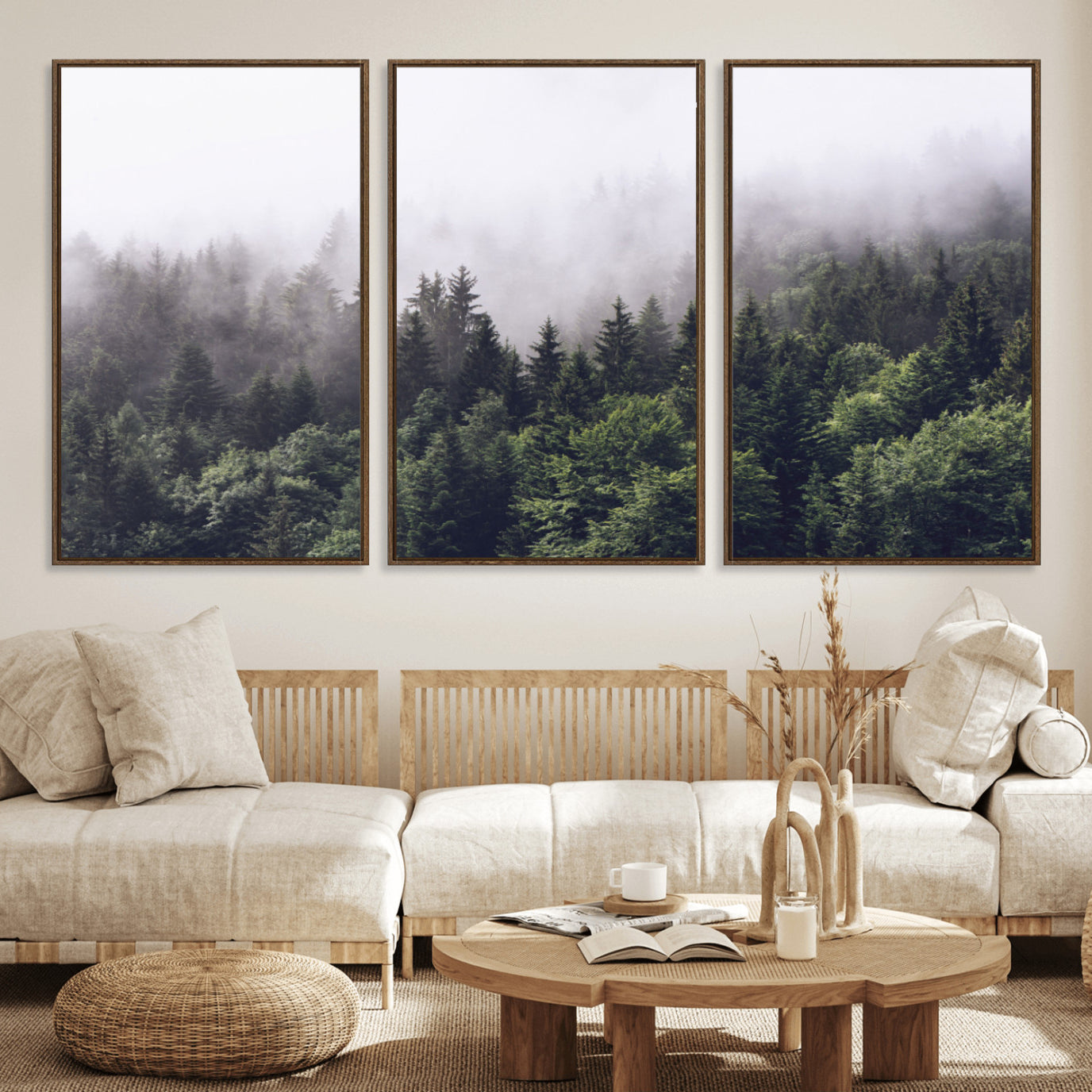 42578900-MGV-FC-60X30-3P_Walnut-Misty Forest Wall Art | Foggy Forest Canvas Print | Large Nature-Inspired Misty Tree Landscape for