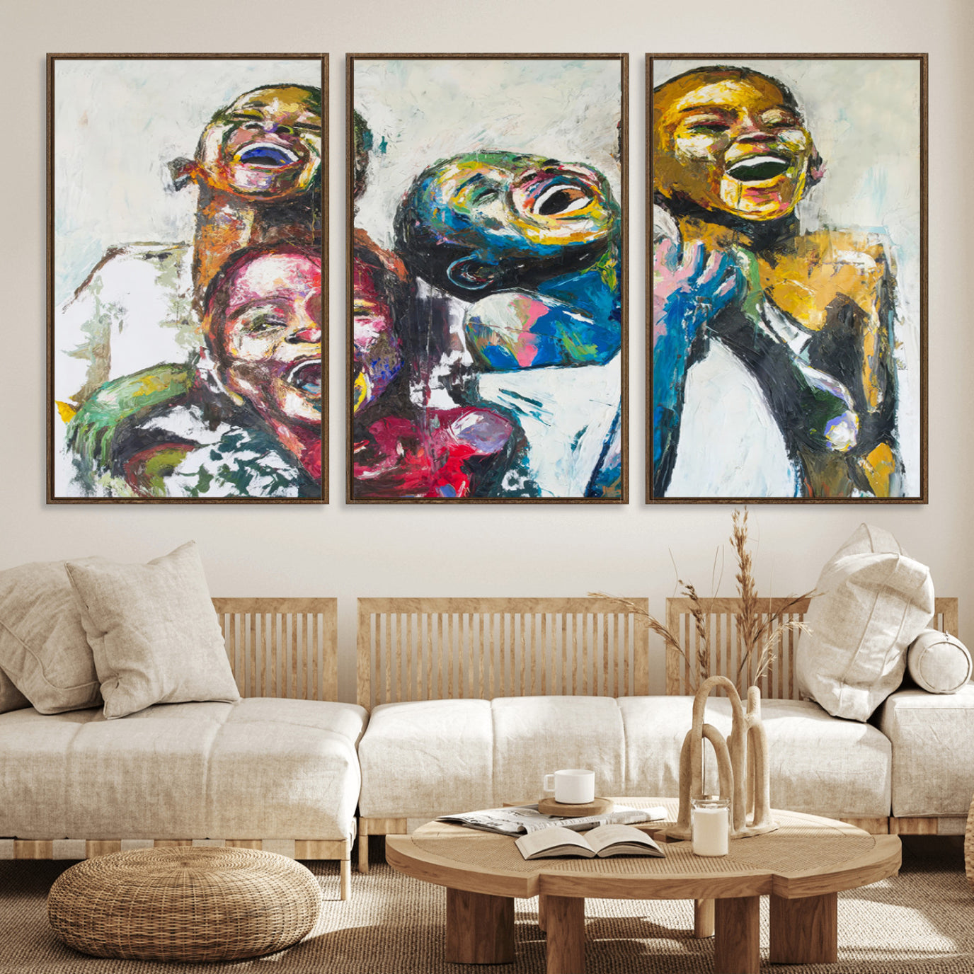 58627-MGV-FC-60X30-3P_Walnut-Shai Yossef Style Canvas Art - Joyful African Black Kids Impasto Painting with Vibrant Brushstrokes,