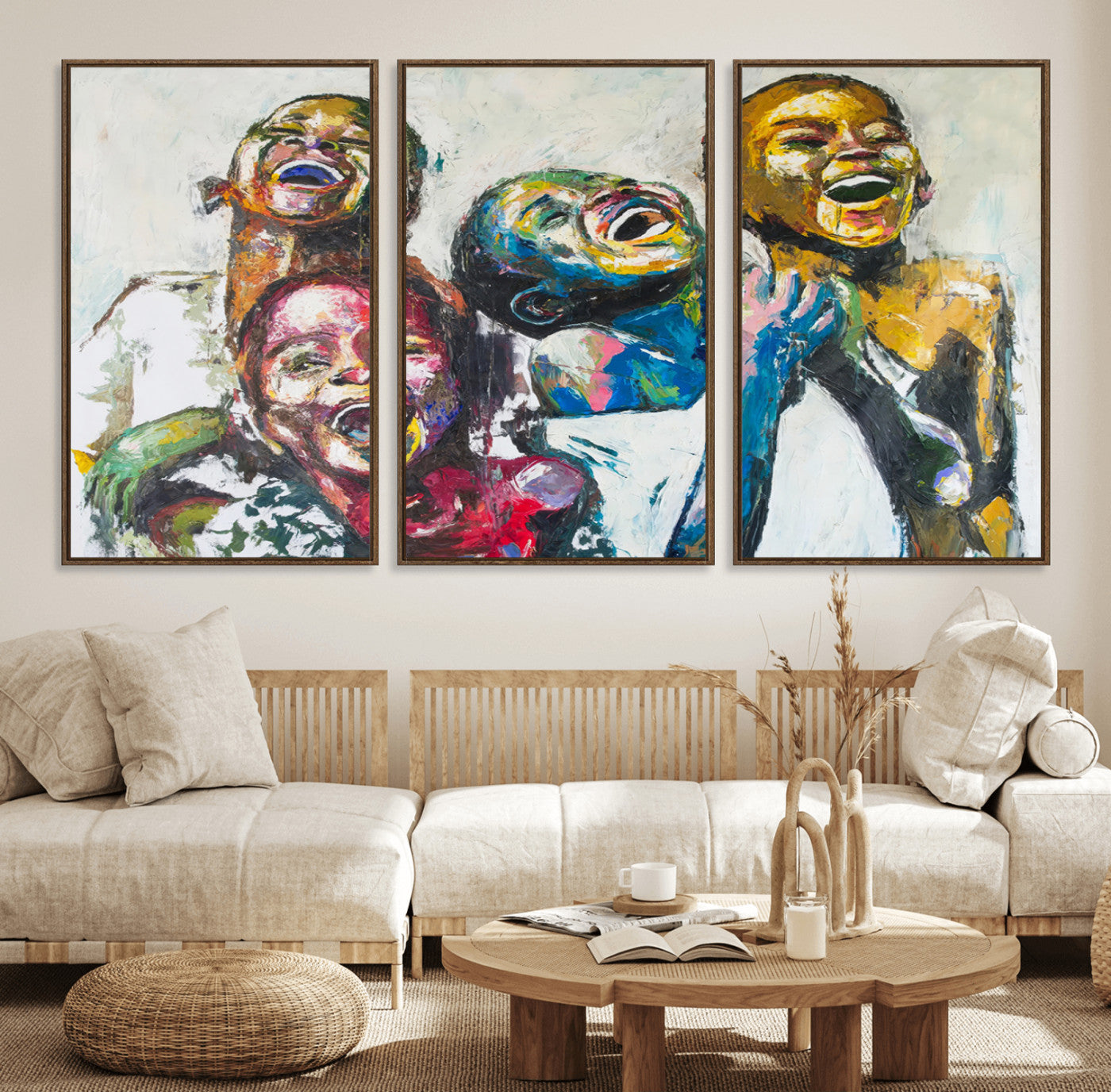 58627-MGV-FC-60X30-3P_Walnut-Shai Yossef Style Canvas Art - Joyful African Black Kids Impasto Painting with Vibrant Brushstrokes,