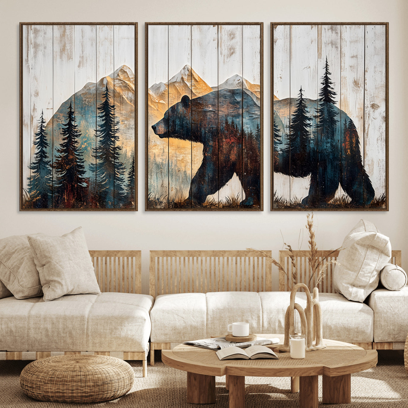 90077-MGV-FC-60X30-3P_Walnut-Rustic Bear Wall Art - Grizzly 399 Bear Wall Art - Mountain Wood Canvas Wall Art - Nature Theme