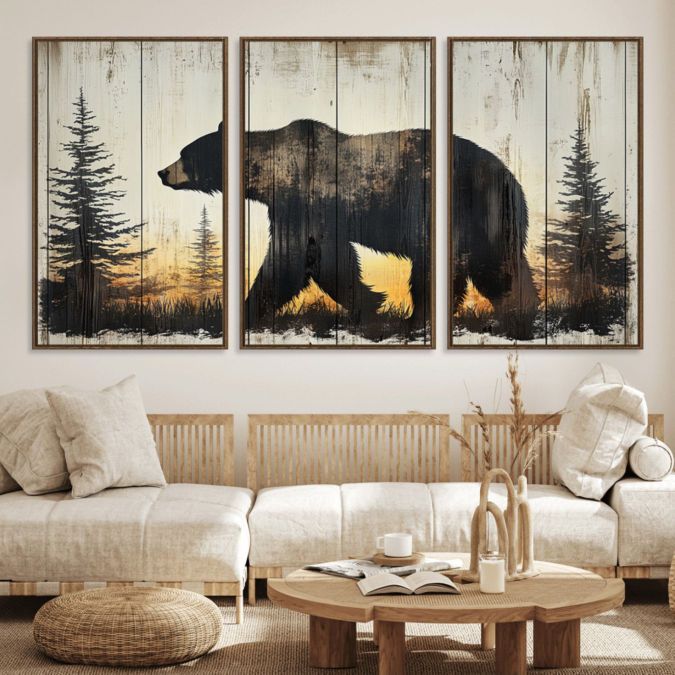 83875-MGV-FC-60X30-3P_Walnut-Vintage Bear Wall Art Canvas Print for Farmhouse - Mountain Wood Canvas Wall Art - Forest Silhouette