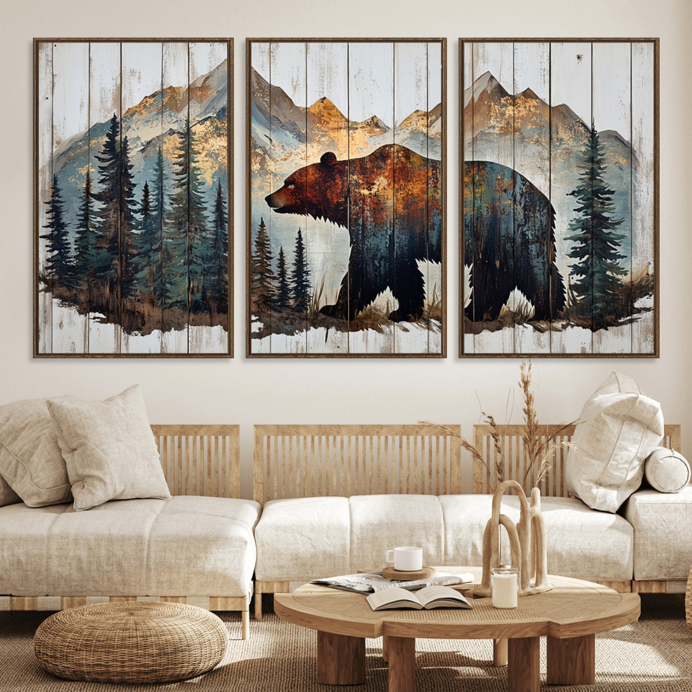 55777-MGV-FC-60X30-3P_Walnut-Rustic Grizzly 399 Bear and Mountain Wood Canvas Wall Art - Framed Nature Artwork with Forest