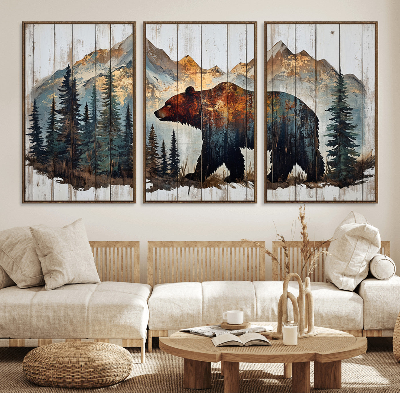 55777-MGV-FC-60X30-3P_Walnut-Rustic Grizzly 399 Bear and Mountain Wood Canvas Wall Art - Framed Nature Artwork with Forest