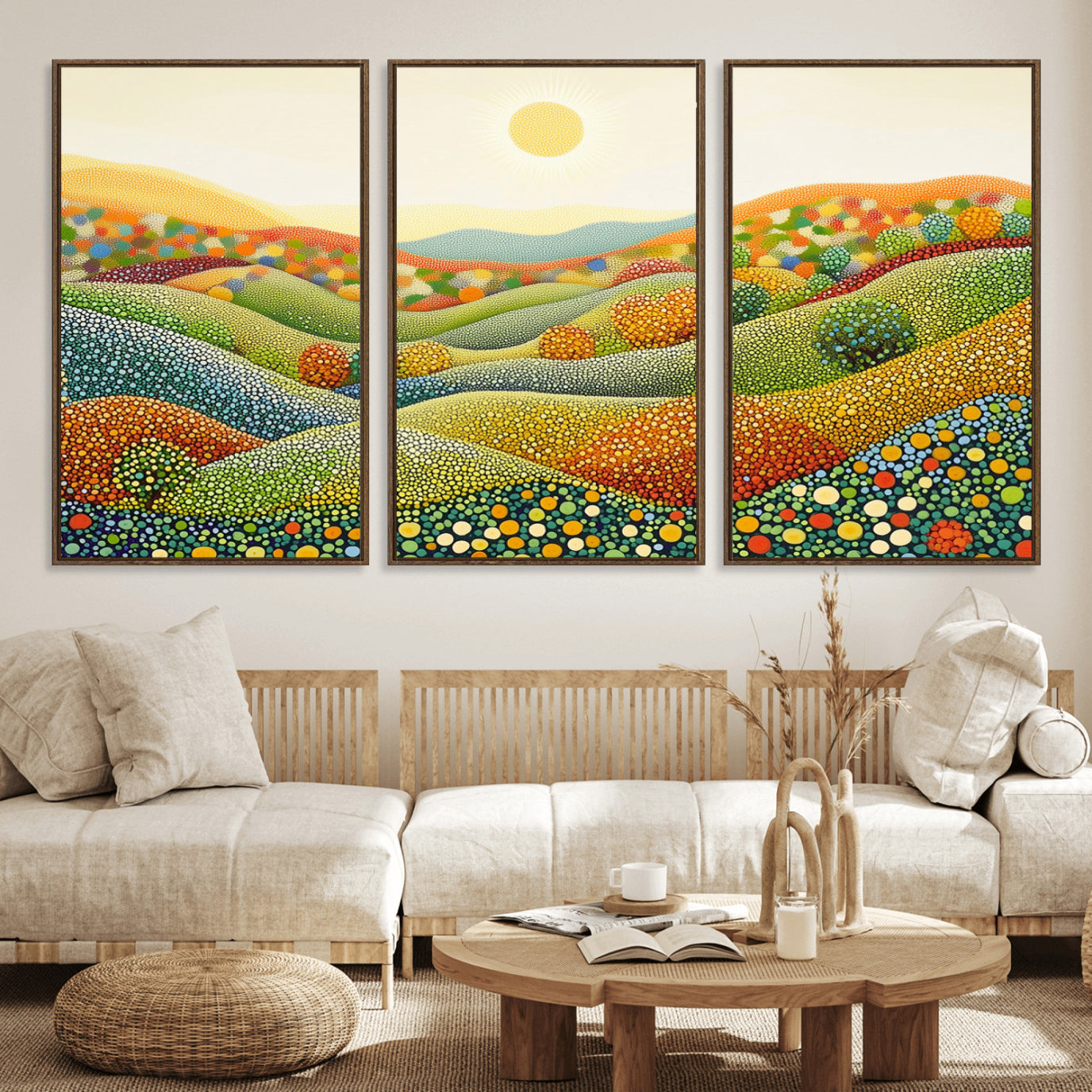 27683-MGV-FC-60X30-3P_Walnut-YAYOI KUSAMA Colorful Dot Art Landscape Canvas - Framed Abstract Pointillism Inspired by Nature with