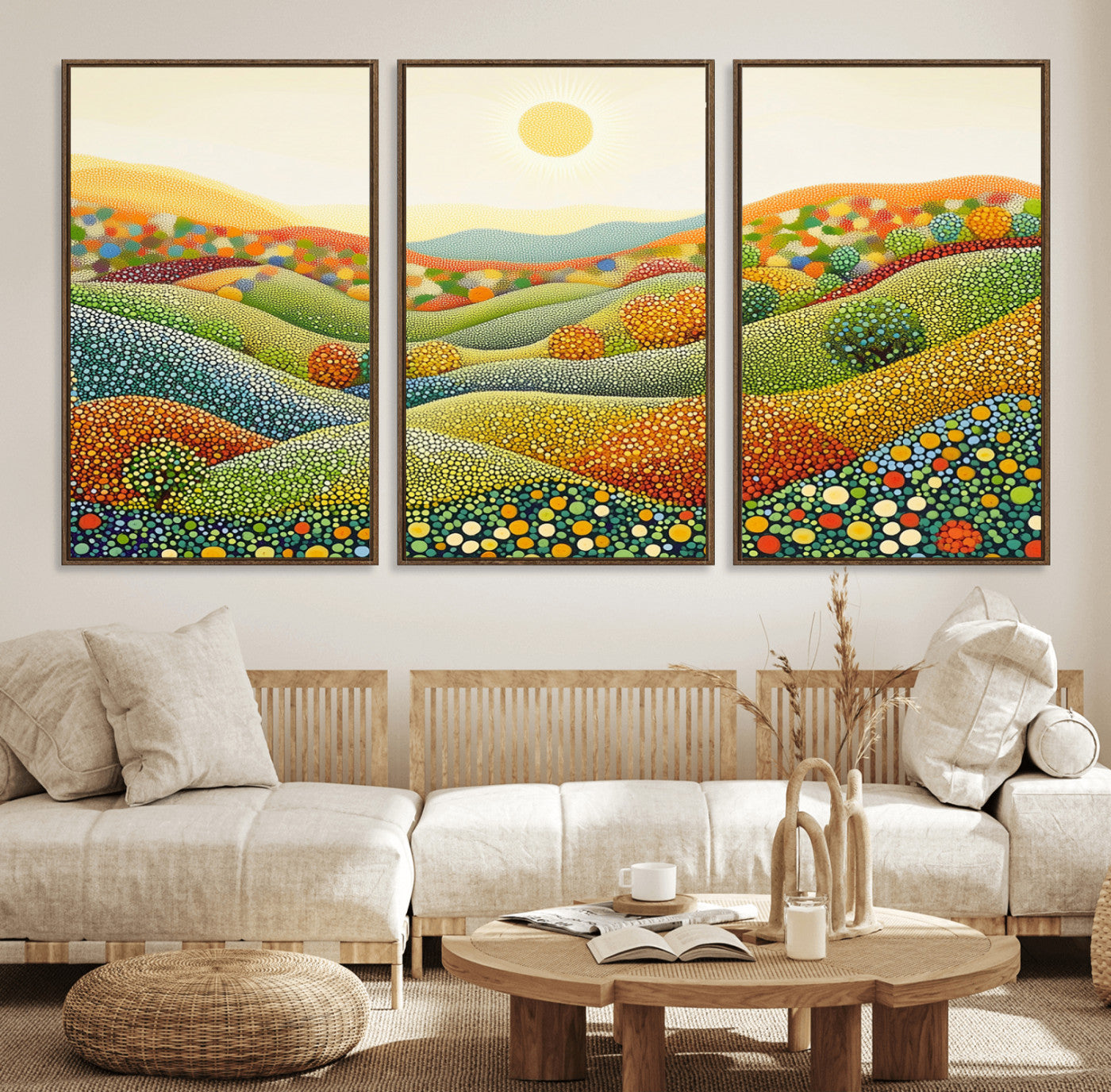 27683-MGV-FC-60X30-3P_Walnut-YAYOI KUSAMA Colorful Dot Art Landscape Canvas - Framed Abstract Pointillism Inspired by Nature with