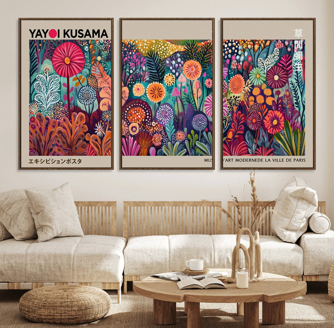 63822-MGV-FC-60X30-3P_Walnut-Yayoi Kusama Wall Art Canvas Print, Abstract Art, Large Yayoi Kusama Framed Wall Art Print, Japanese