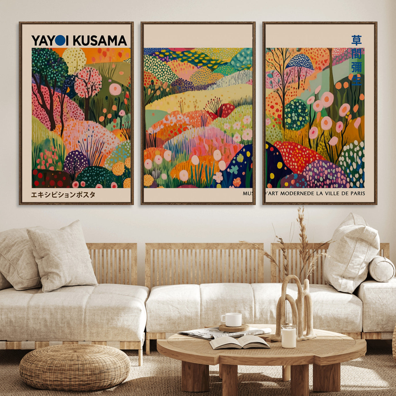 47970-MGV-FC-60X30-3P_Walnut-Yayoi Kusama Japanese Art Canvas Print, Abstract Art, Large Yayoi Kusama Framed Print, Japanese Wabi