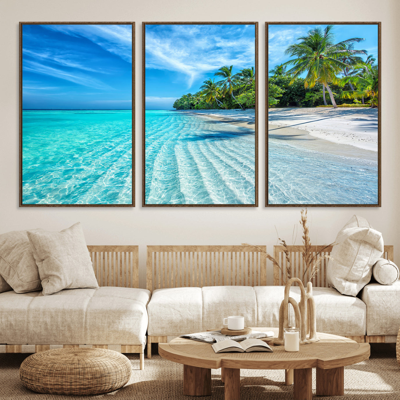 14788-MGV-FC-60X30-3P_Walnut-Tropical Beach Wall Art Canvas Print - Serene Ocean Landscape with Crystal Clear Turquoise Water and