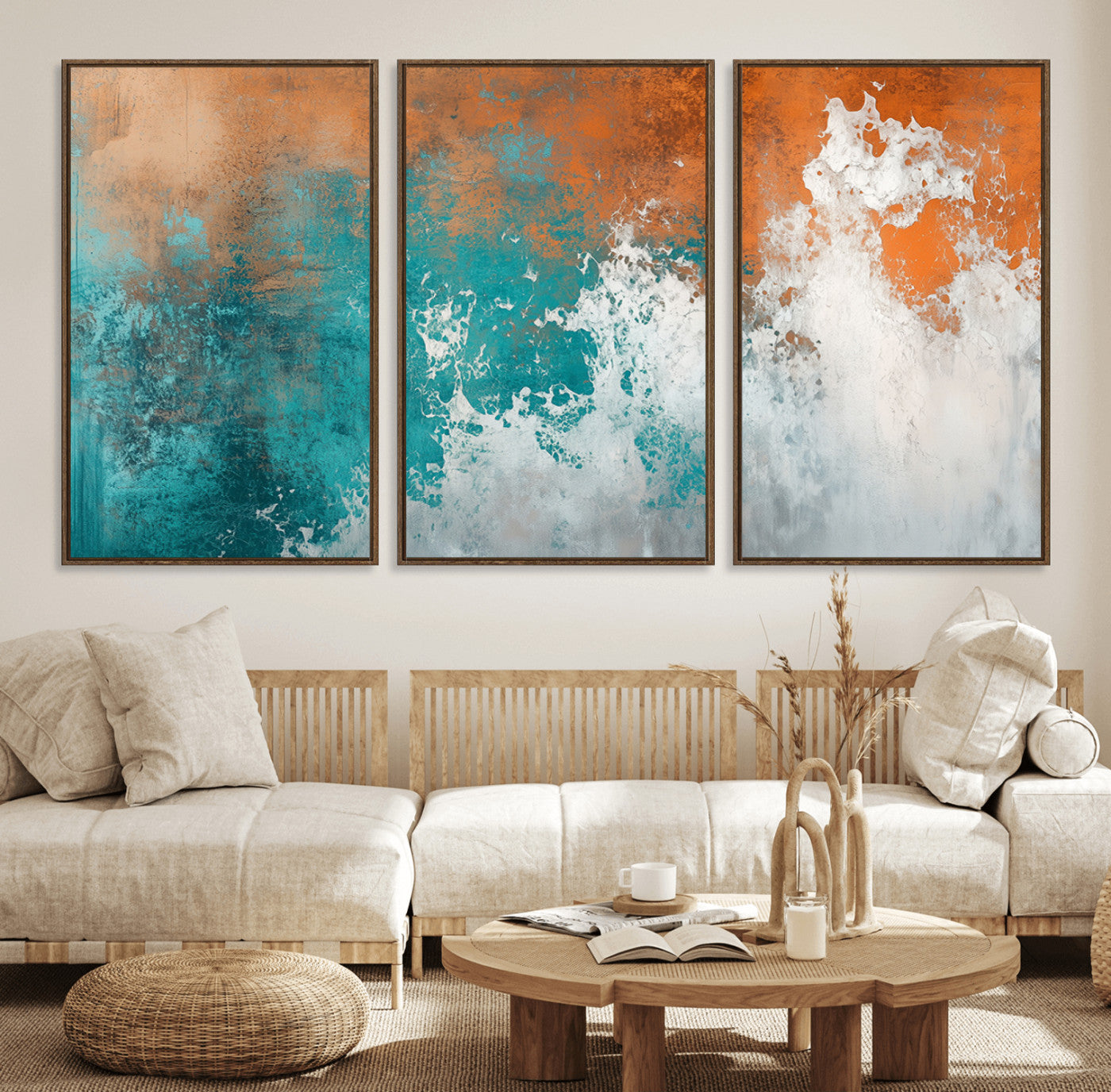 78127-MGV-FC-60X30-3P_Walnut-Vintage Abstract Print - Bold Teal and Orange Canvas Wall Art - Retro-Vintage Abstract Orange Canvas