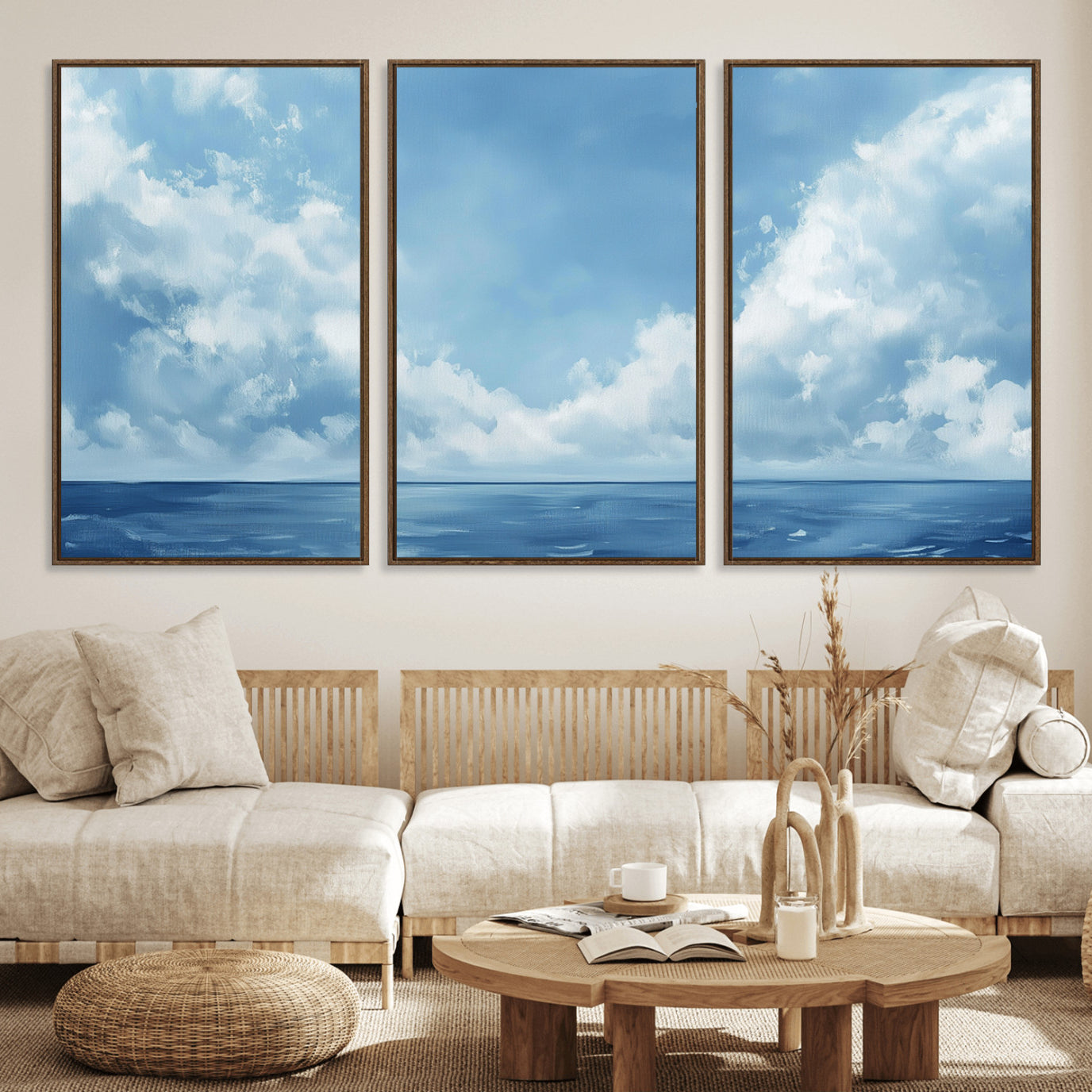 57554-MGV-FC-60X30-3P_Walnut-Abstract Ocean Print Artwork- Serene Blue Ocean Canvas Wall Art - Minimalist Ocean and Sky Canvas