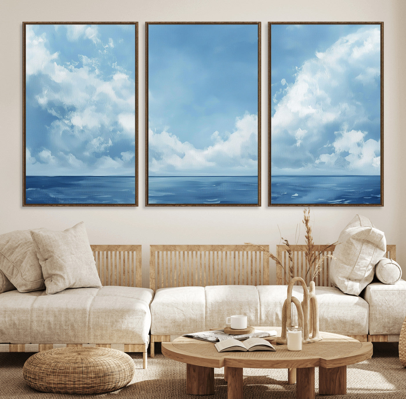 57554-MGV-FC-60X30-3P_Walnut-Abstract Ocean Print Artwork- Serene Blue Ocean Canvas Wall Art - Minimalist Ocean and Sky Canvas
